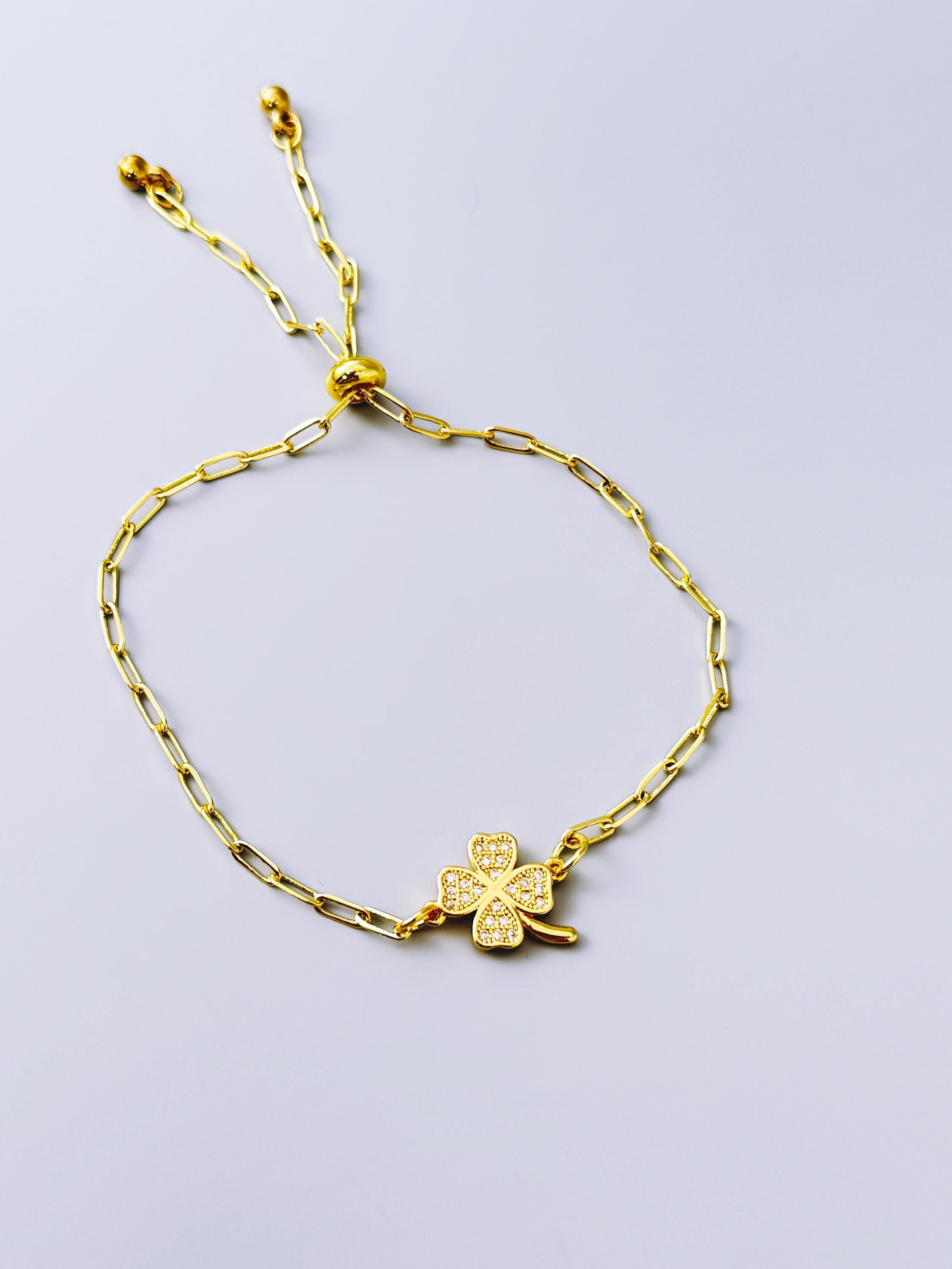 Dainty Gold Four Leaf Clover Bracelet Adjustable minimalist paperclip chain bracelet crystal charm Bracelet, St Patricks Day Gift for Her