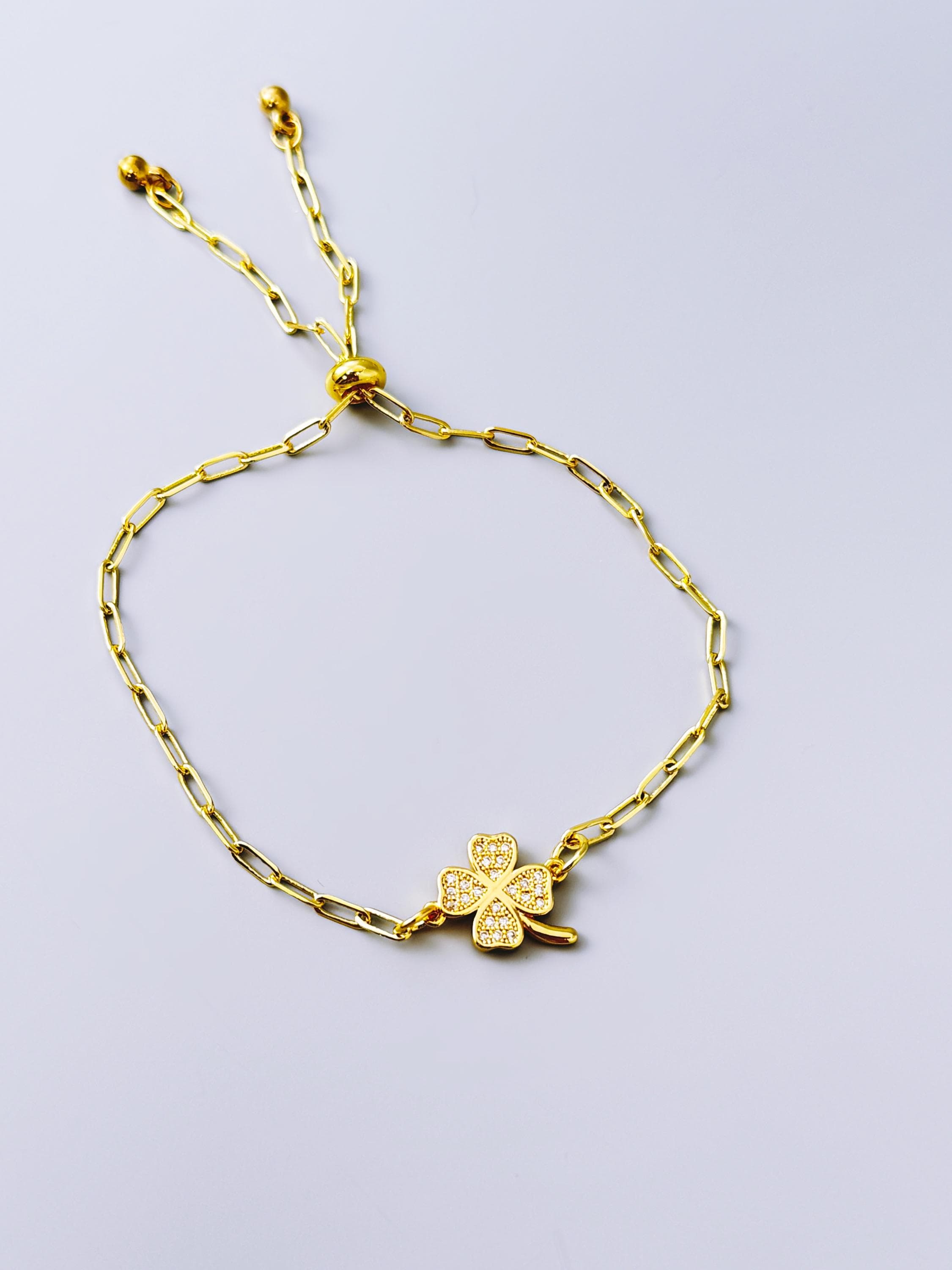 Dainty Gold Four Leaf Clover Bracelet Adjustable minimalist paperclip chain bracelet crystal charm Bracelet, St Patricks Day Gift for Her