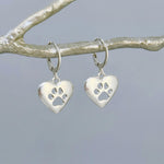 Gold Heart Dog Paw Print Earrings dangle Huggie Hoops handmade silver animal jewelry gift for dog moms animal lovers veterinarians vet techs