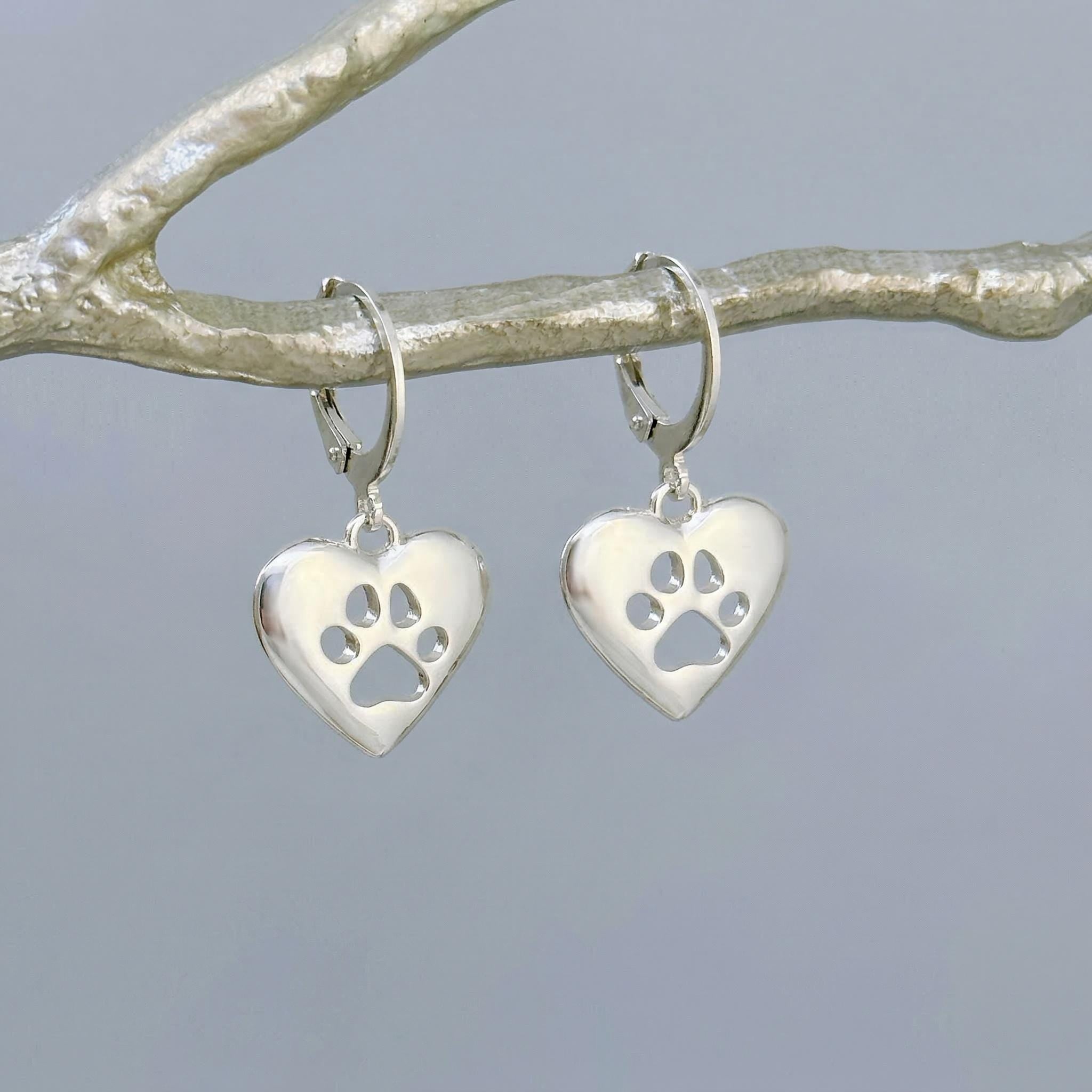 Gold Heart Dog Paw Print Earrings dangle Huggie Hoops handmade silver animal jewelry gift for dog moms animal lovers veterinarians vet techs