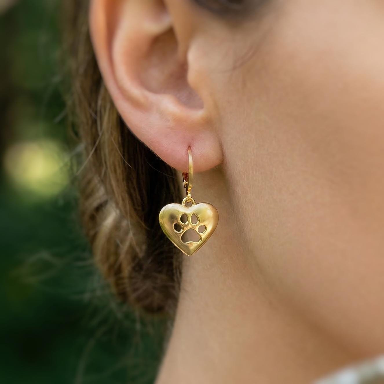 Gold Heart Dog Paw Print Earrings dangle Huggie Hoops handmade silver animal jewelry gift for dog moms animal lovers veterinarians vet techs