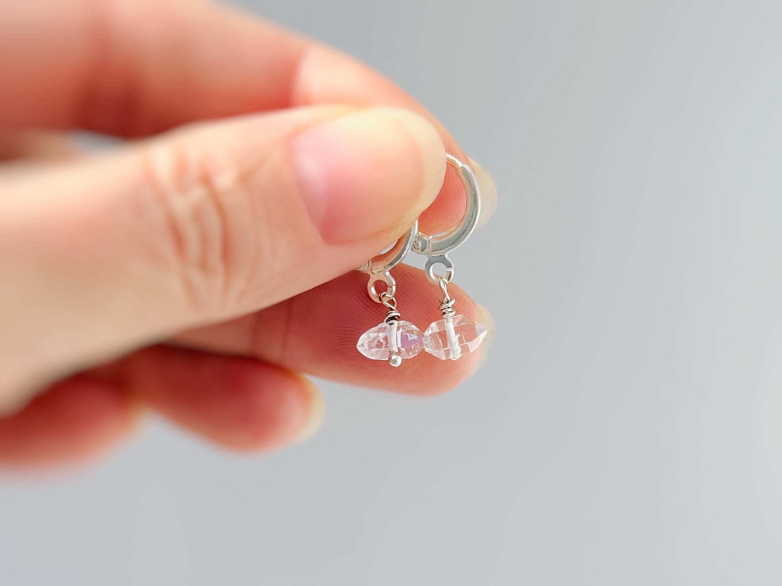 Dainty Herkimer Diamond Earrings Dangle Silver, Gold, Crystal Huggie Hoops minimalist handmade April Birthstone bridesmaids jewelry for her