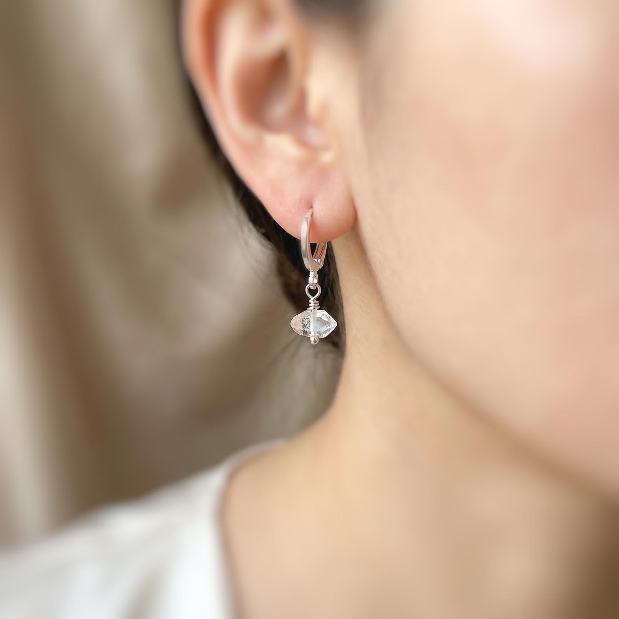 Dainty Herkimer Diamond Earrings Dangle Silver, Gold, Crystal Huggie Hoops minimalist handmade April Birthstone bridesmaids jewelry for her