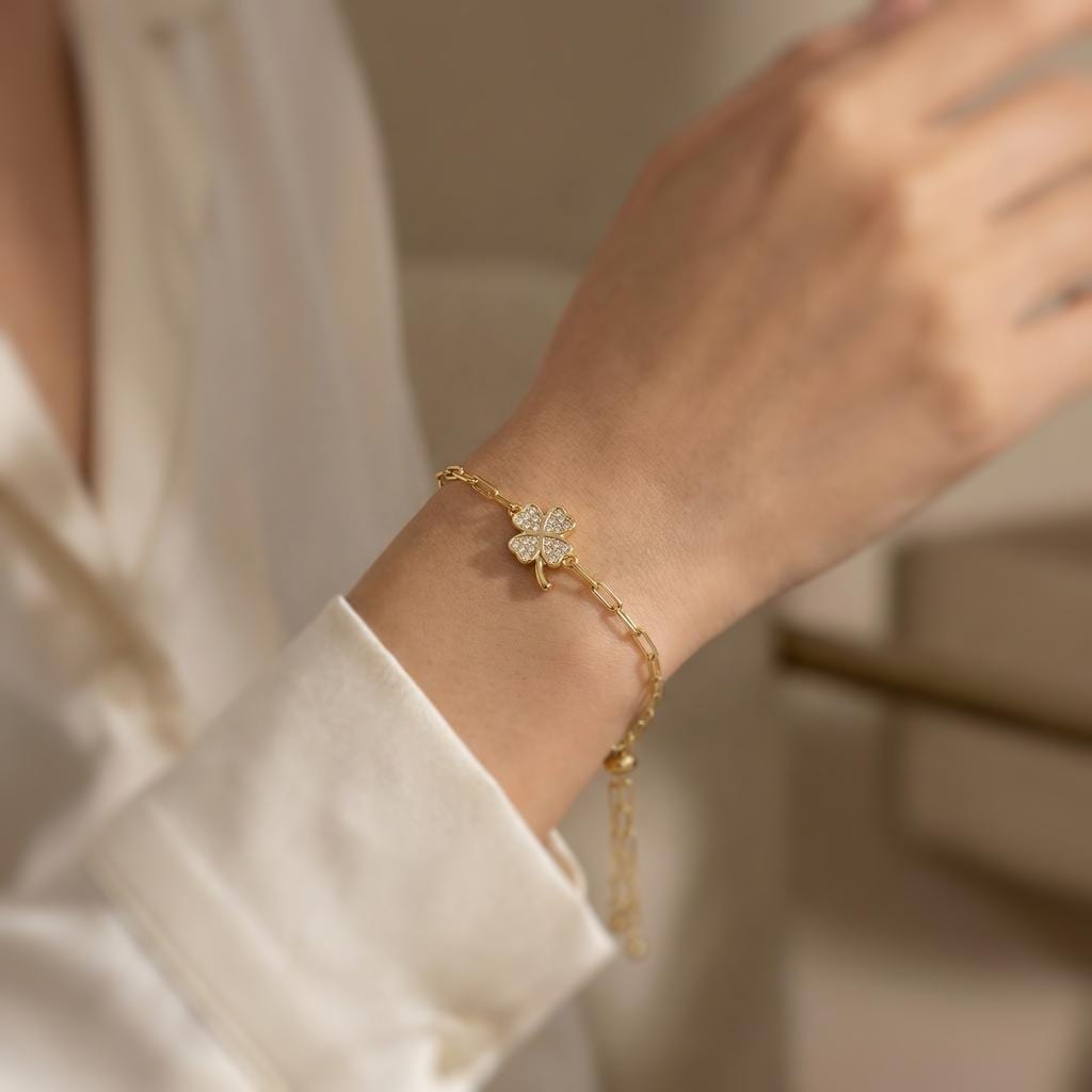 Dainty Gold Four Leaf Clover Bracelet Adjustable minimalist paperclip chain bracelet crystal charm Bracelet, St Patricks Day Gift for Her