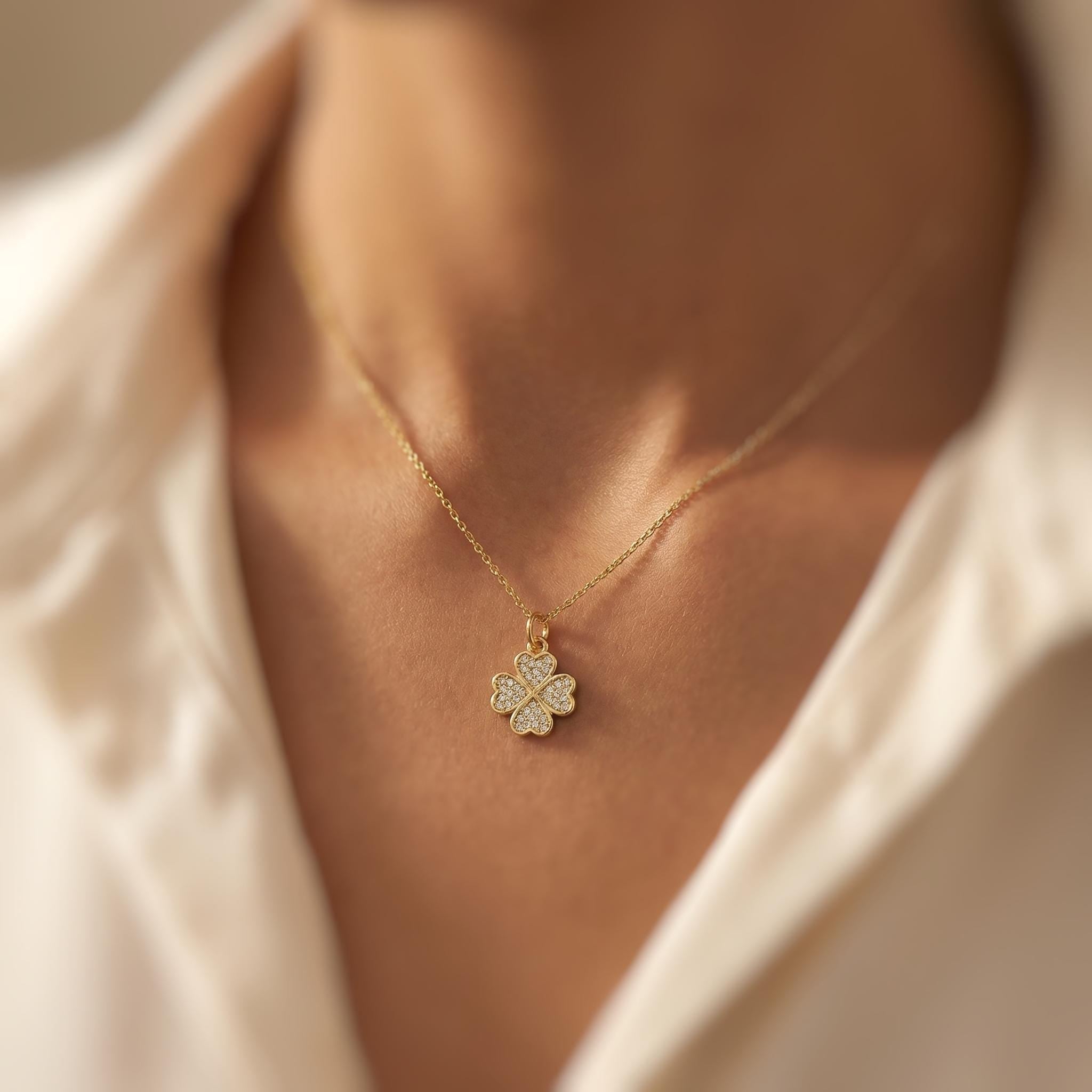 Lucky Gold Four Leaf Clover Necklace Crystal Shamrock Charm Pedant Irish jewelry St Patricks day good luck gift for graduation, women, her