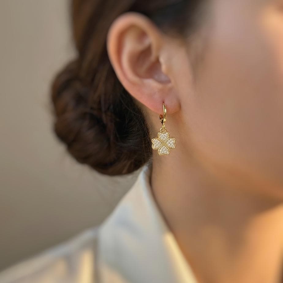 Lucky Gold Four Leaf Clover Earrings Dangle Crystal Huggie Hoops Shamrock Chrams Irish jewelry good luck St Patricks day gift for her, women