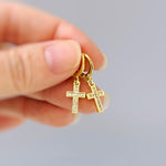 Dainty Gold Cross Earrings dangle huggie hoop minimalist crystal religious faith jewelry for her Christian baptism confirmation Easter gift