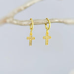 Dainty Gold Cross Earrings dangle huggie hoop minimalist crystal religious faith jewelry for her Christian baptism confirmation Easter gift