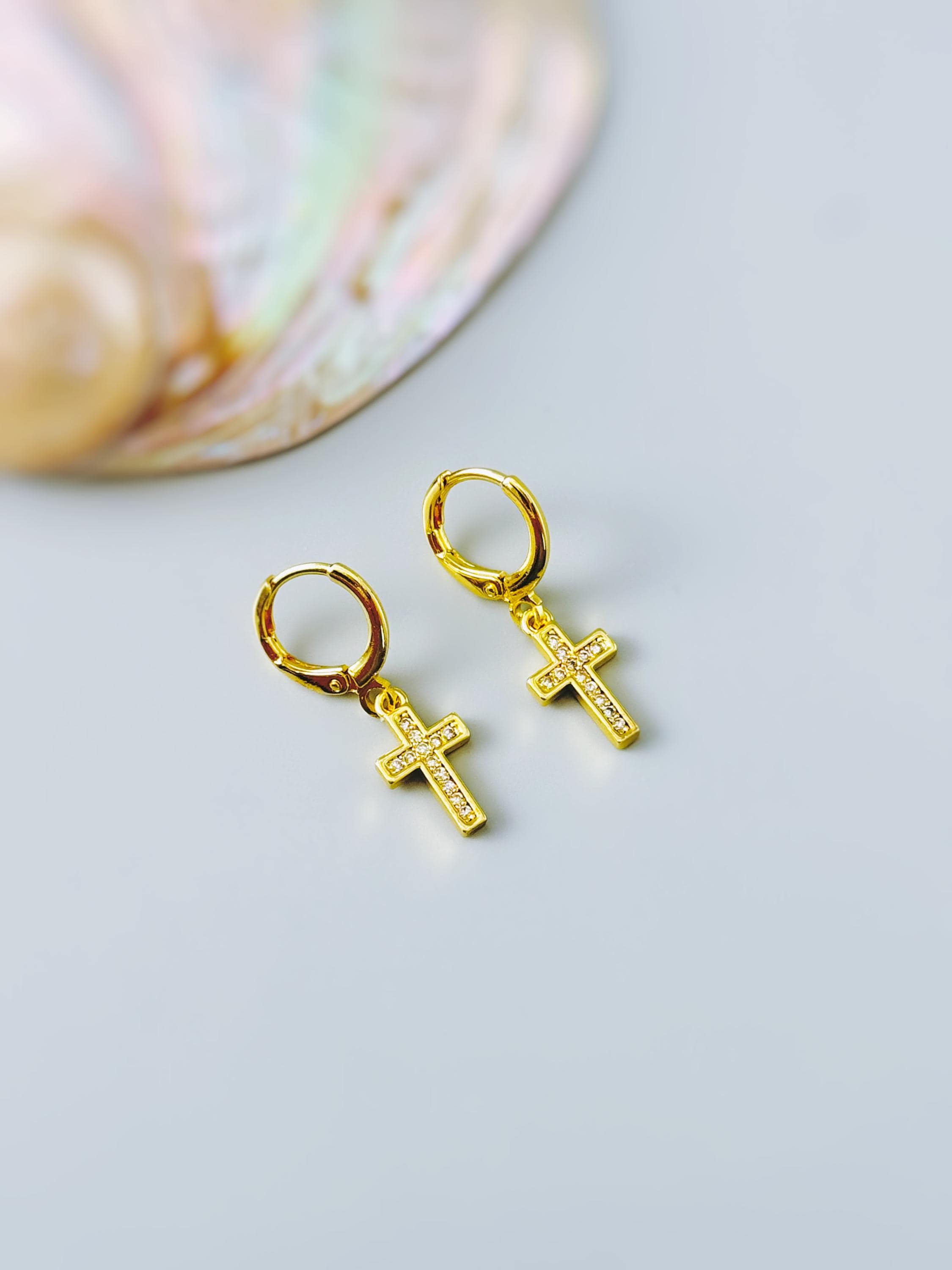 Dainty Gold Cross Earrings dangle huggie hoop minimalist crystal religious faith jewelry for her Christian baptism confirmation Easter gift
