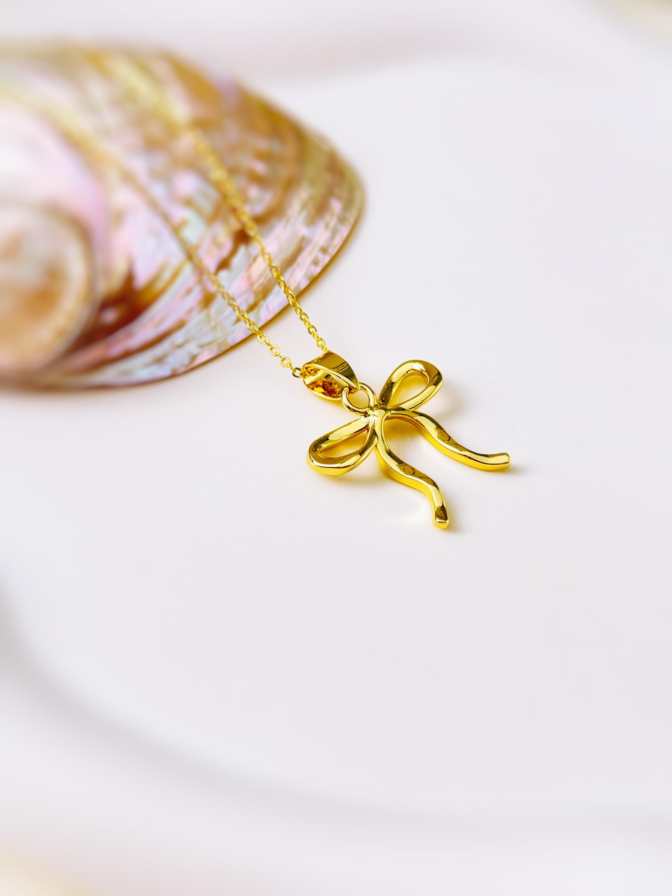 Ribbon Bow Necklace Gold, Silver pendant romantic coquette bowknot jewelry gift for girlfriend, wife feminine pendant necklace for women