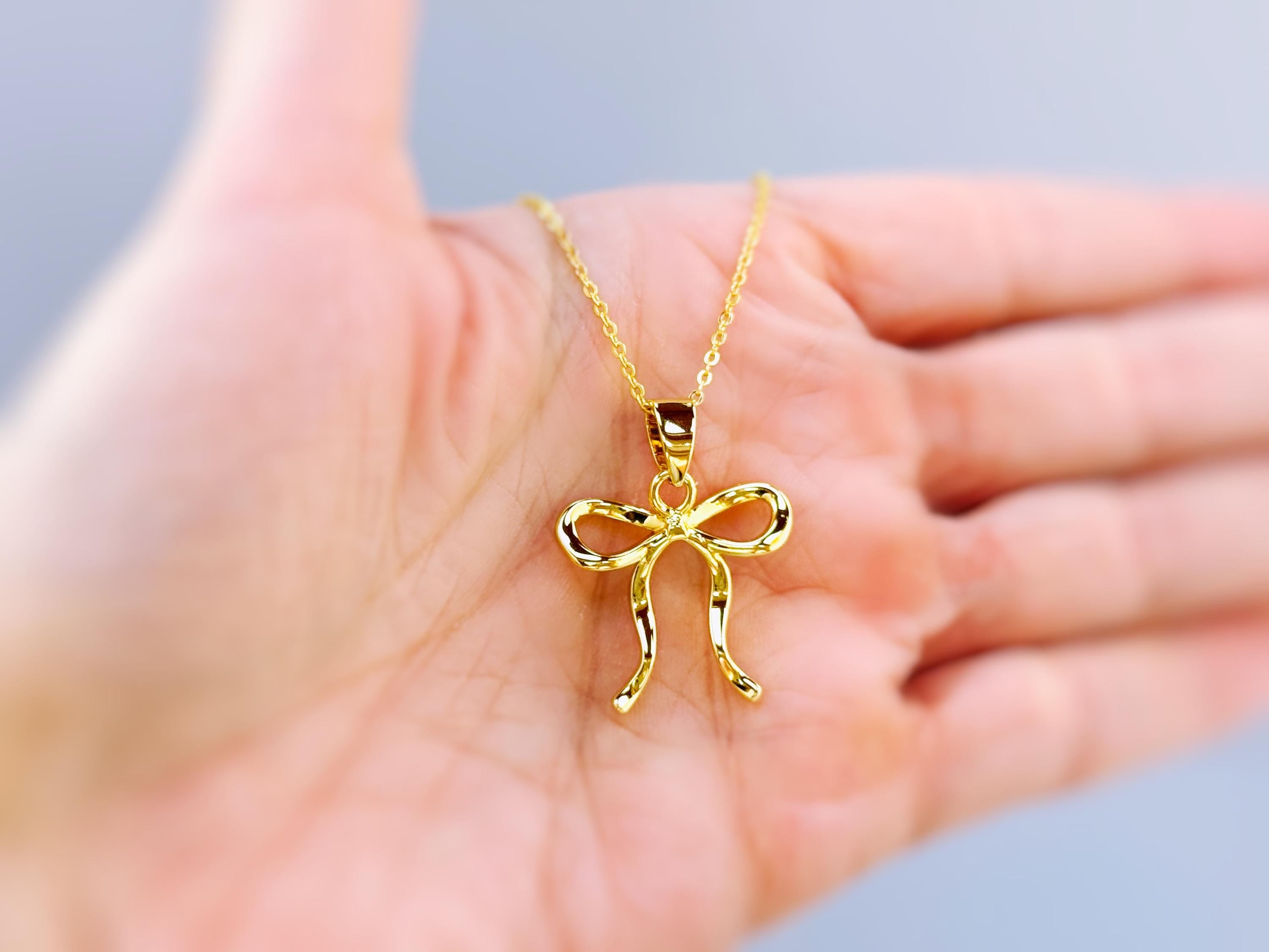 Ribbon Bow Necklace Gold, Silver pendant romantic coquette bowknot jewelry gift for girlfriend, wife feminine pendant necklace for women