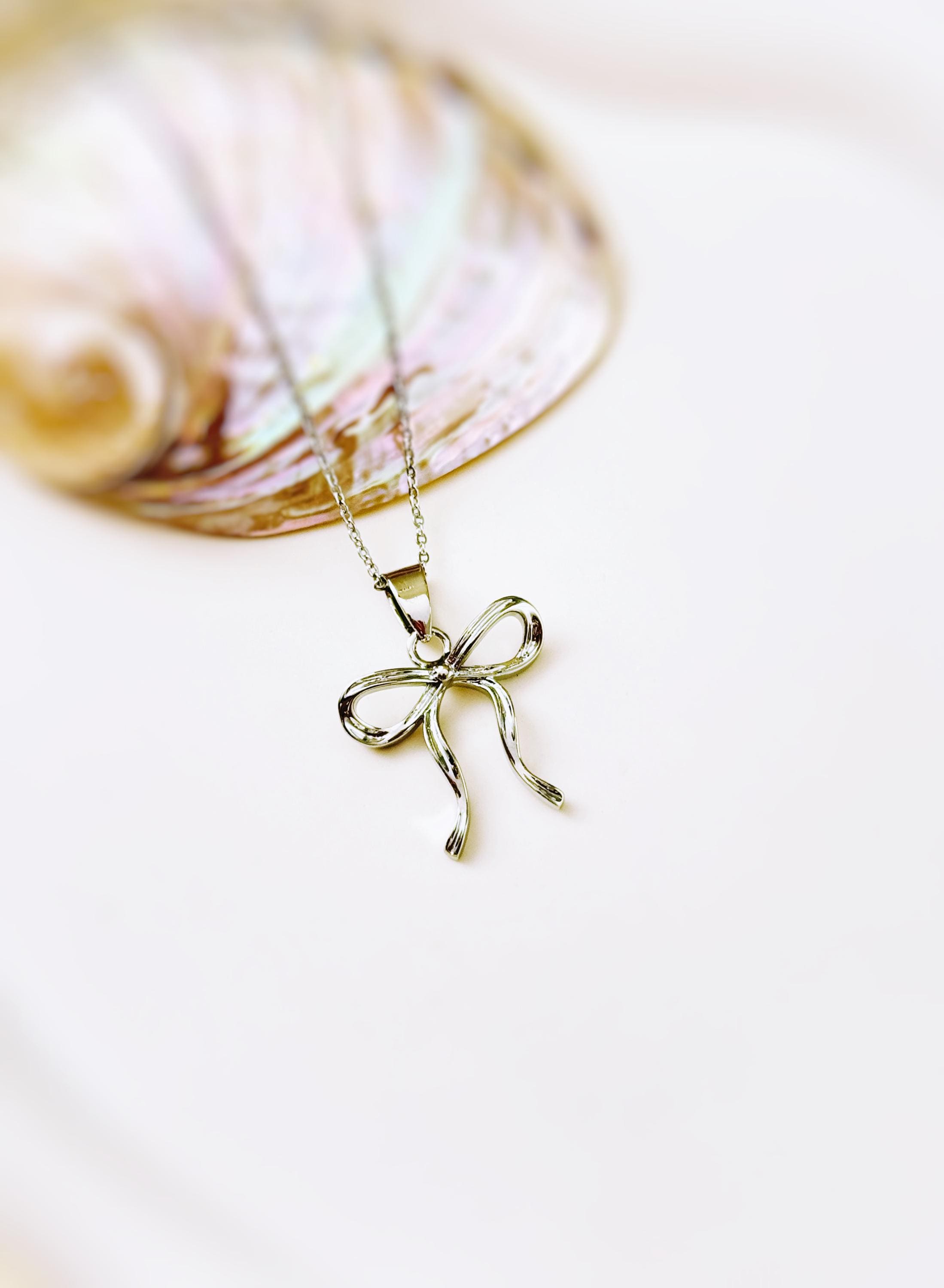 Ribbon Bow Necklace Gold, Silver pendant romantic coquette bowknot jewelry gift for girlfriend, wife feminine pendant necklace for women