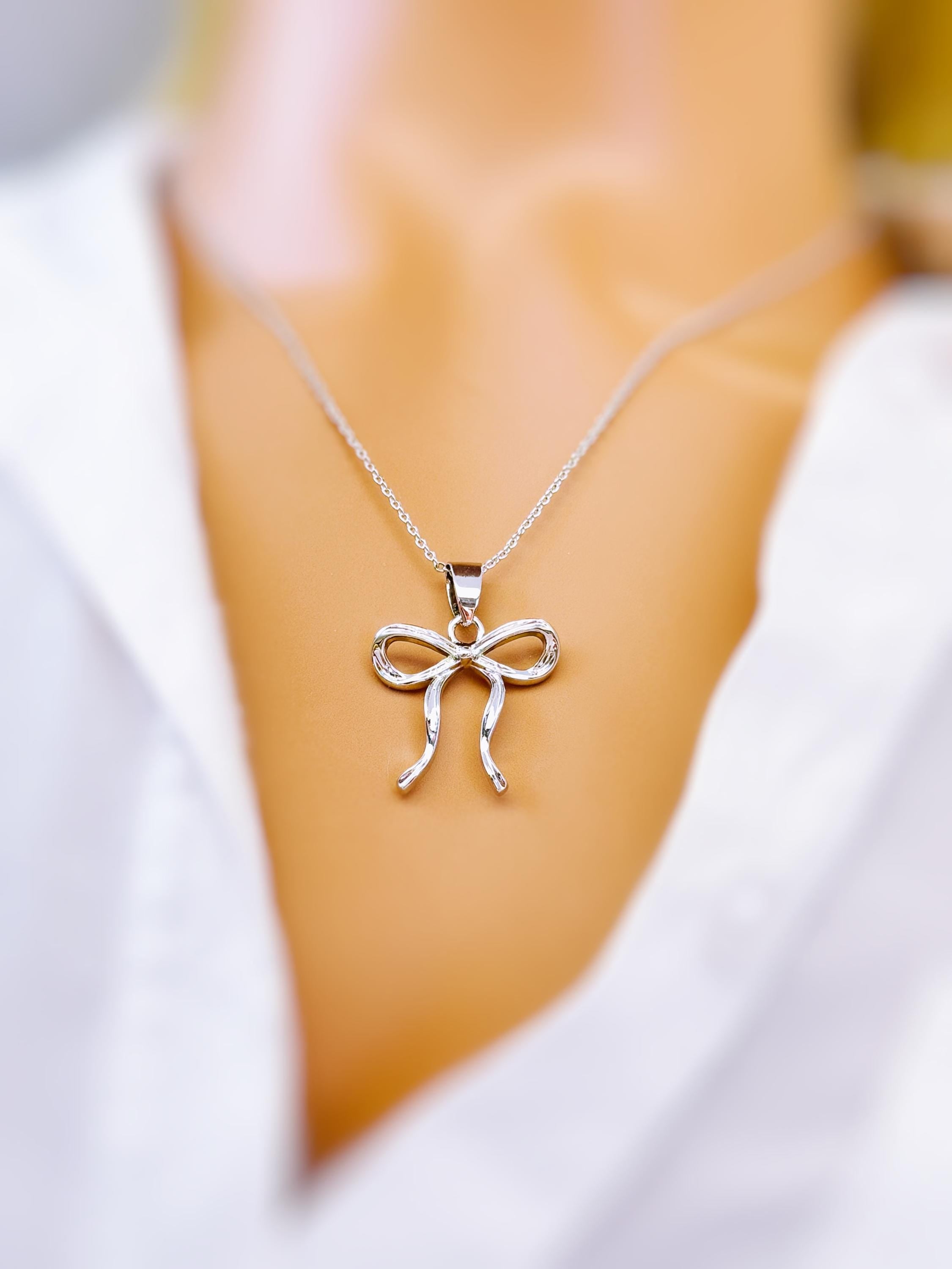 Ribbon Bow Necklace Gold, Silver pendant romantic coquette bowknot jewelry gift for girlfriend, wife feminine pendant necklace for women