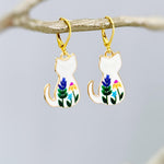 White Cat Earrings dangle cute Cat Jewelry, Gold Leverbacks, white floral flower Earrings style Cat Lover Gift for gardeners, moms, vets bff