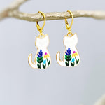 White Cat Earrings dangle cute Cat Jewelry, Gold Leverbacks, white floral flower Earrings style Cat Lover Gift for gardeners, moms, vets bff
