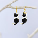 Black Tuxedo Cat Earrings dangle gold enamel leverback kitten kitty jewelry unique gift for cat lovers veterinarians, vet techs women, her