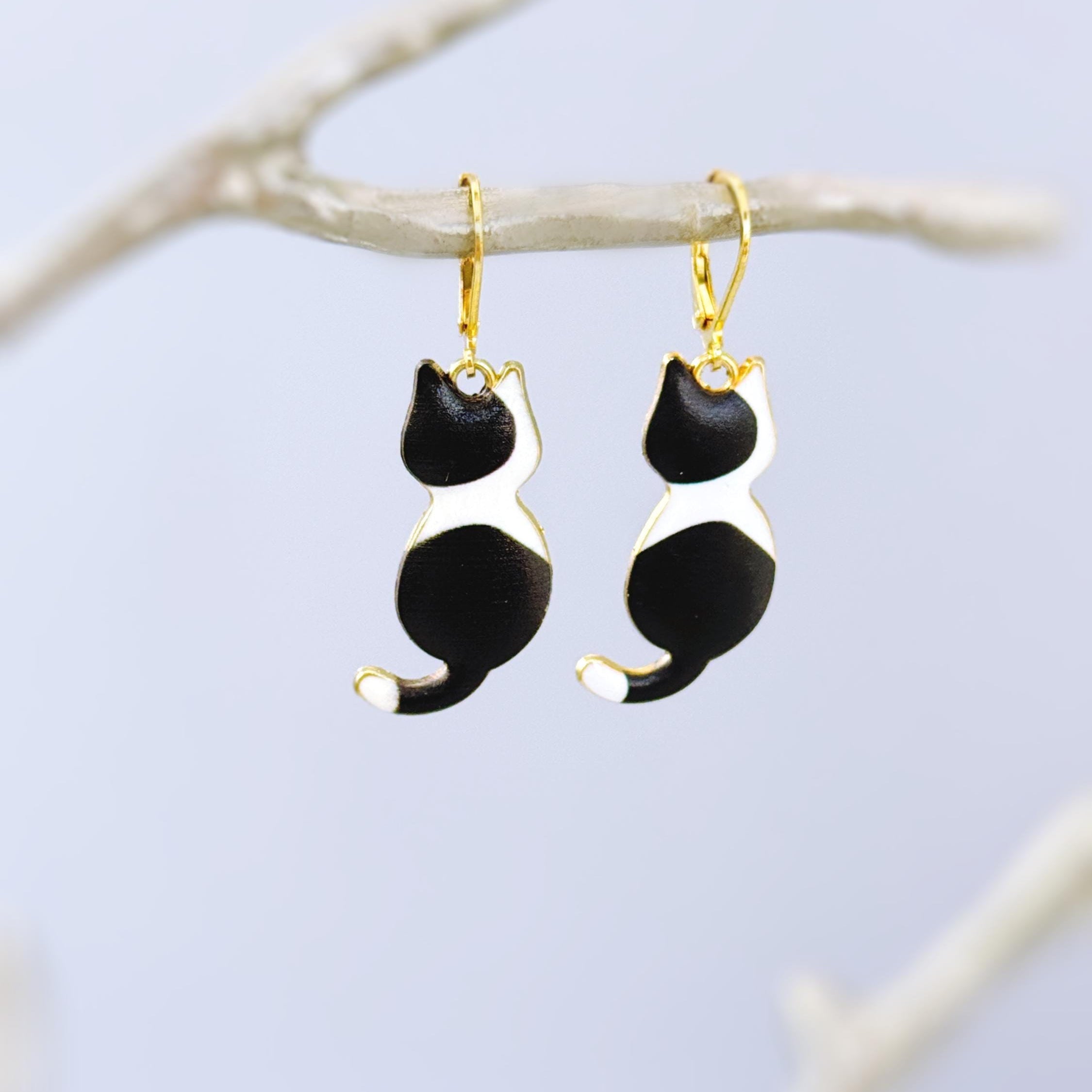 Black Tuxedo Cat Earrings dangle gold enamel leverback kitten kitty jewelry unique gift for cat lovers veterinarians, vet techs women, her