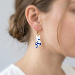 White Cat Earrings gold dangle Cat Jewelry, Gold Leverbacks, Blue Porcelain Earrings Chinoiserie style Cat Lover Gift for veterinarians, vet