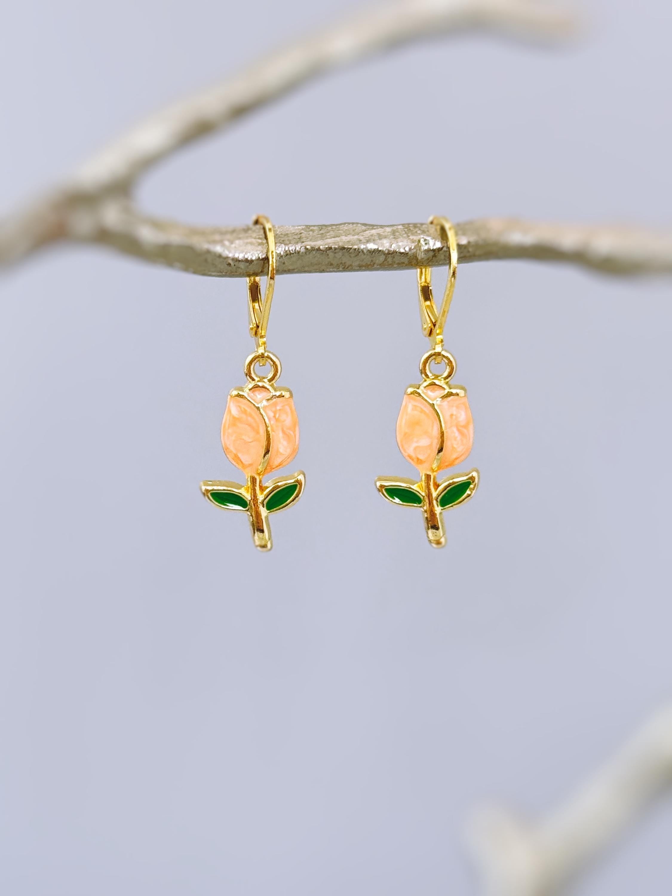 Peach Tulip Earrings Dangle Gold Leverbacks handmade colorful spring floral jewelry April Birthday  birth flower gift for gardener, moms her