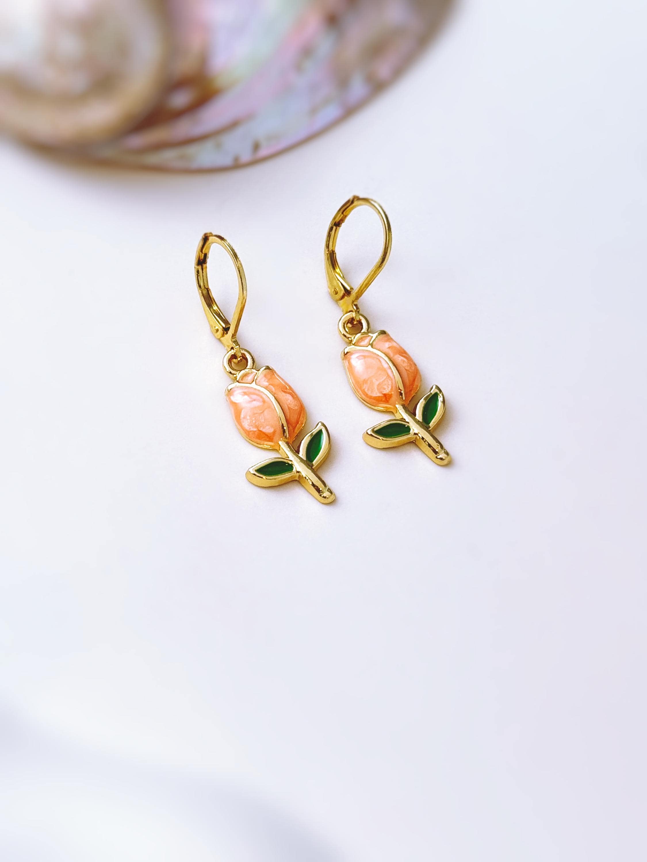 Peach Tulip Earrings Dangle Gold Leverbacks handmade colorful spring floral jewelry April Birthday  birth flower gift for gardener, moms her
