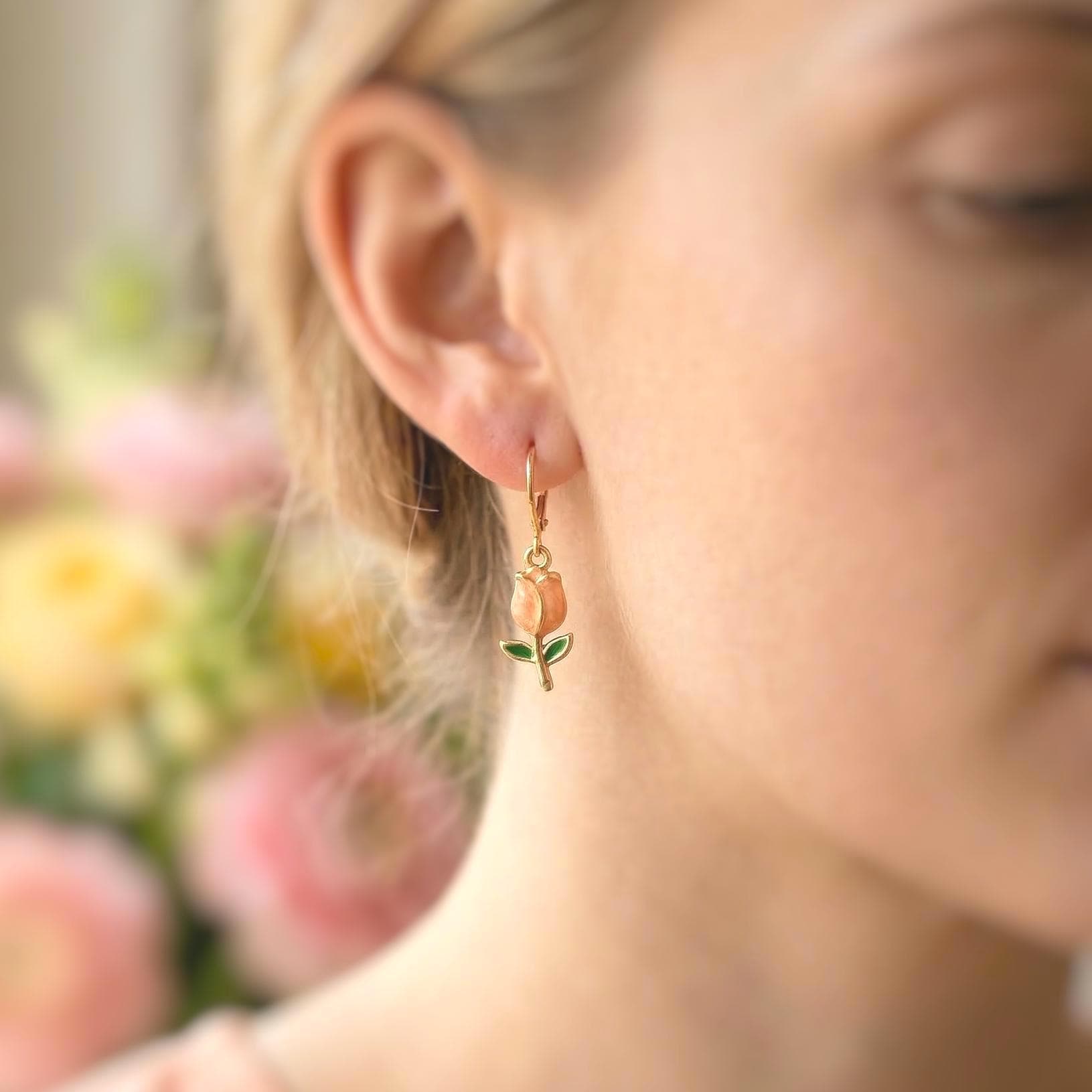 Tulip Earrings Dangle Gold Leverbacks handmade colorful peach spring floral jewelry April Birthday birth flower gift for gardener, moms her