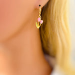 Pink Tulip Earrings Gold Dangle Huggie Hoops handmade colorful spring floral jewelry April Birthday birth flower gift for gardener, mom her
