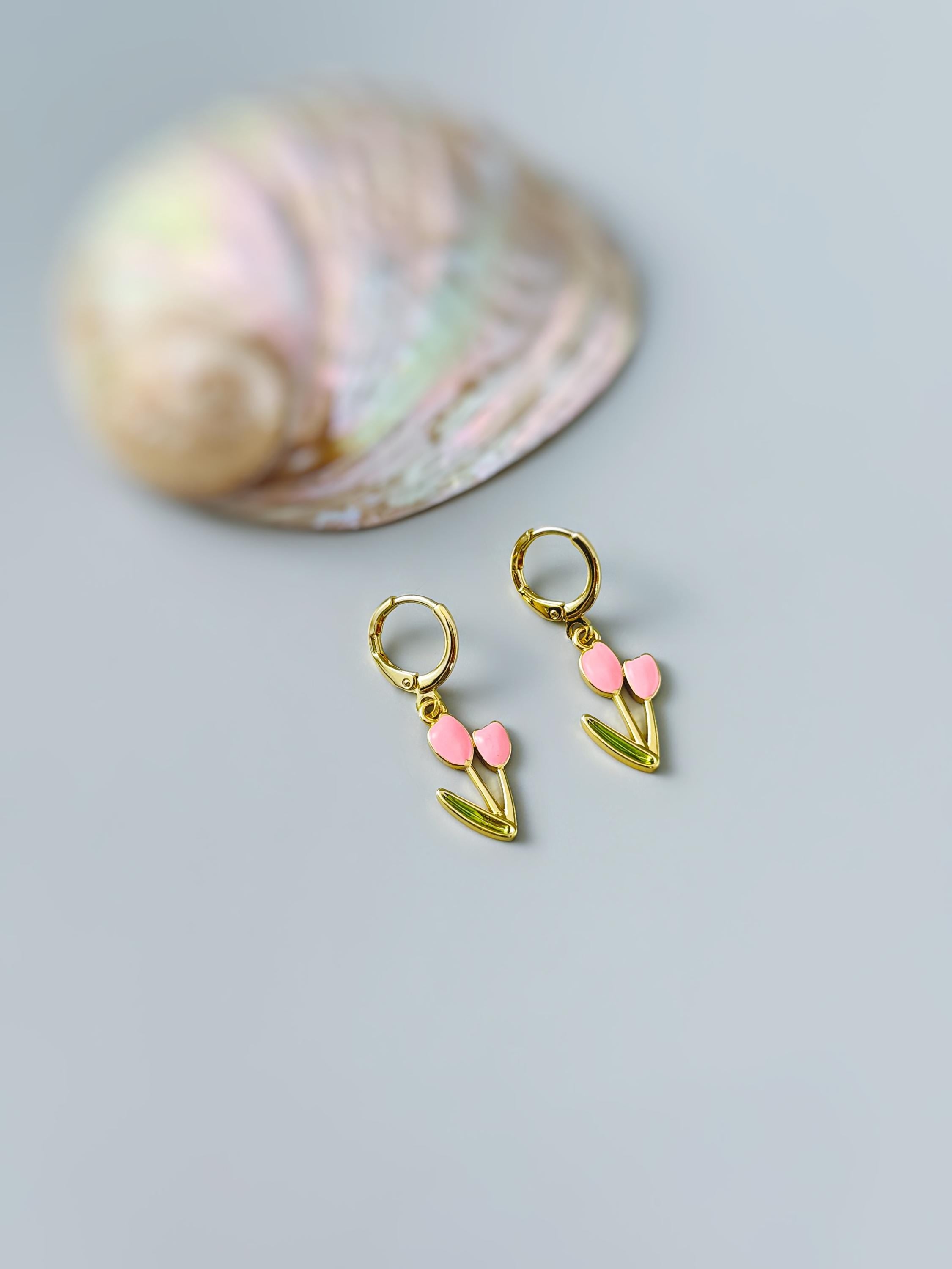 Pink Tulip Earrings Gold Dangle Huggie Hoops handmade colorful spring floral jewelry April Birthday birth flower gift for gardener, mom her