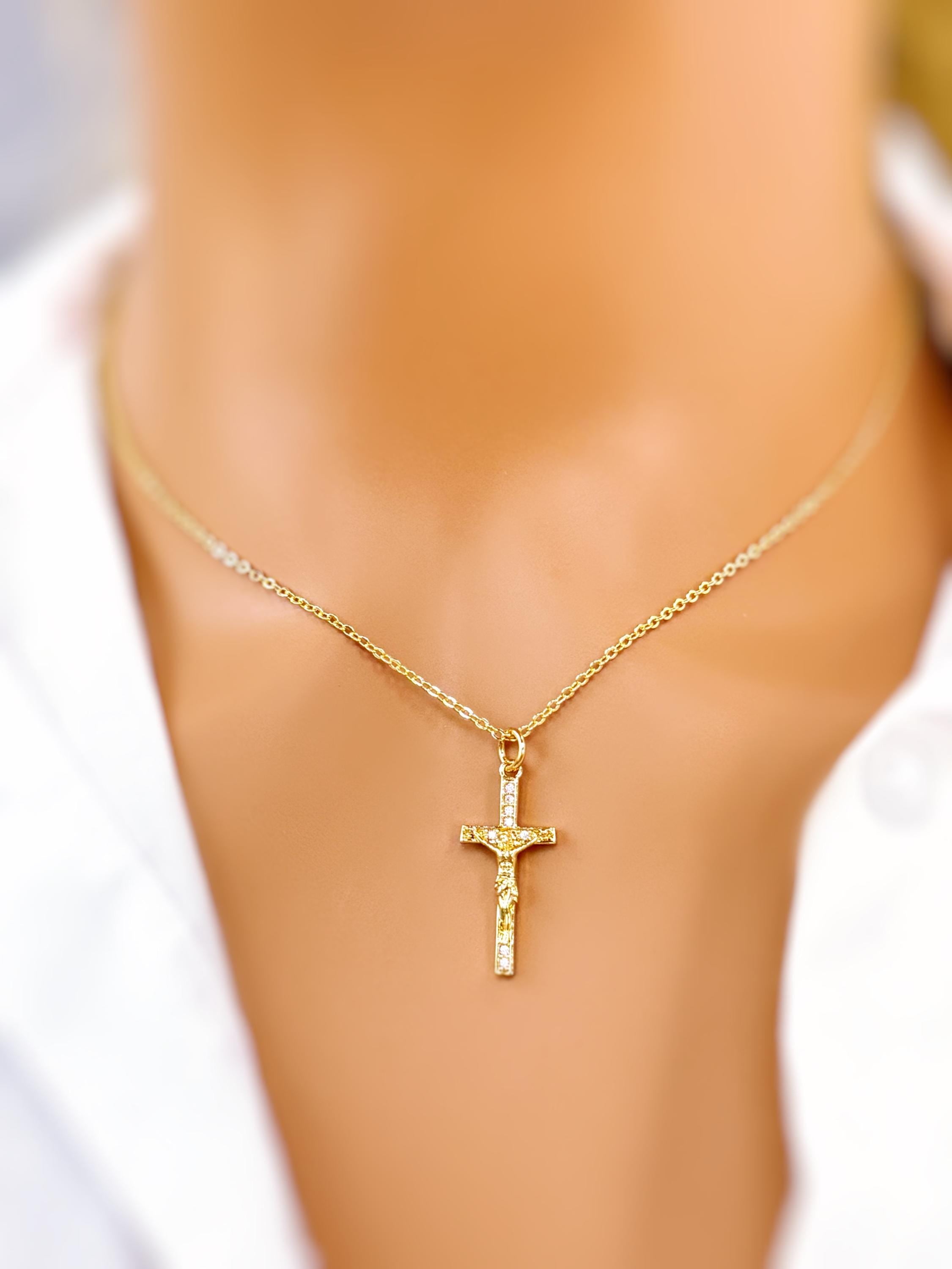 Crucifix Necklace Gold Dainty Catholic jewelry Jesus Christian cross faith necklace religious confirmation baptism Easter Gift for her woman