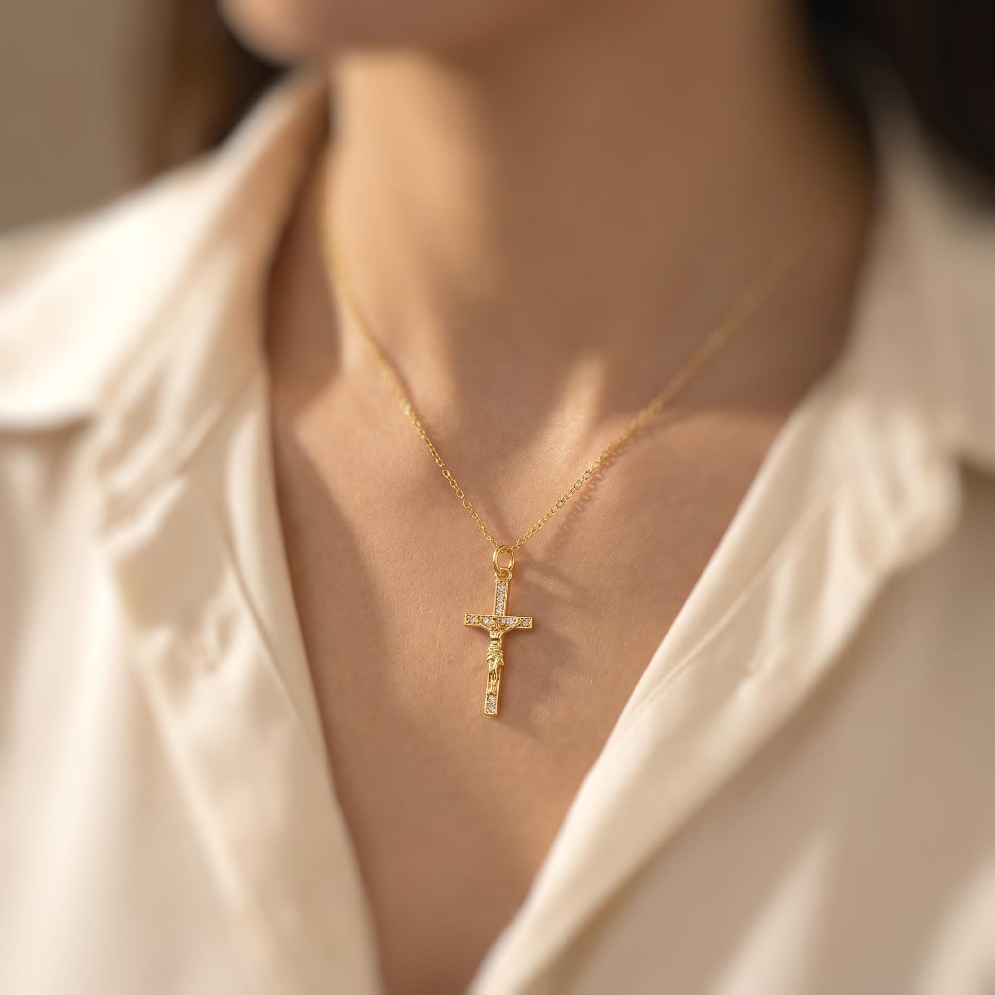 Crucifix Necklace Gold Dainty Catholic jewelry Jesus cross Christian faith necklace religious confirmation baptism Gift for her, daughter