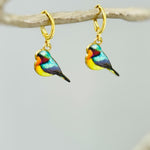 Colorful Bird Earrings Gold Dangle Huggie Hoops tiny charm handmade spring nature jewelry gift for bird lover watcher, gardener, mom her
