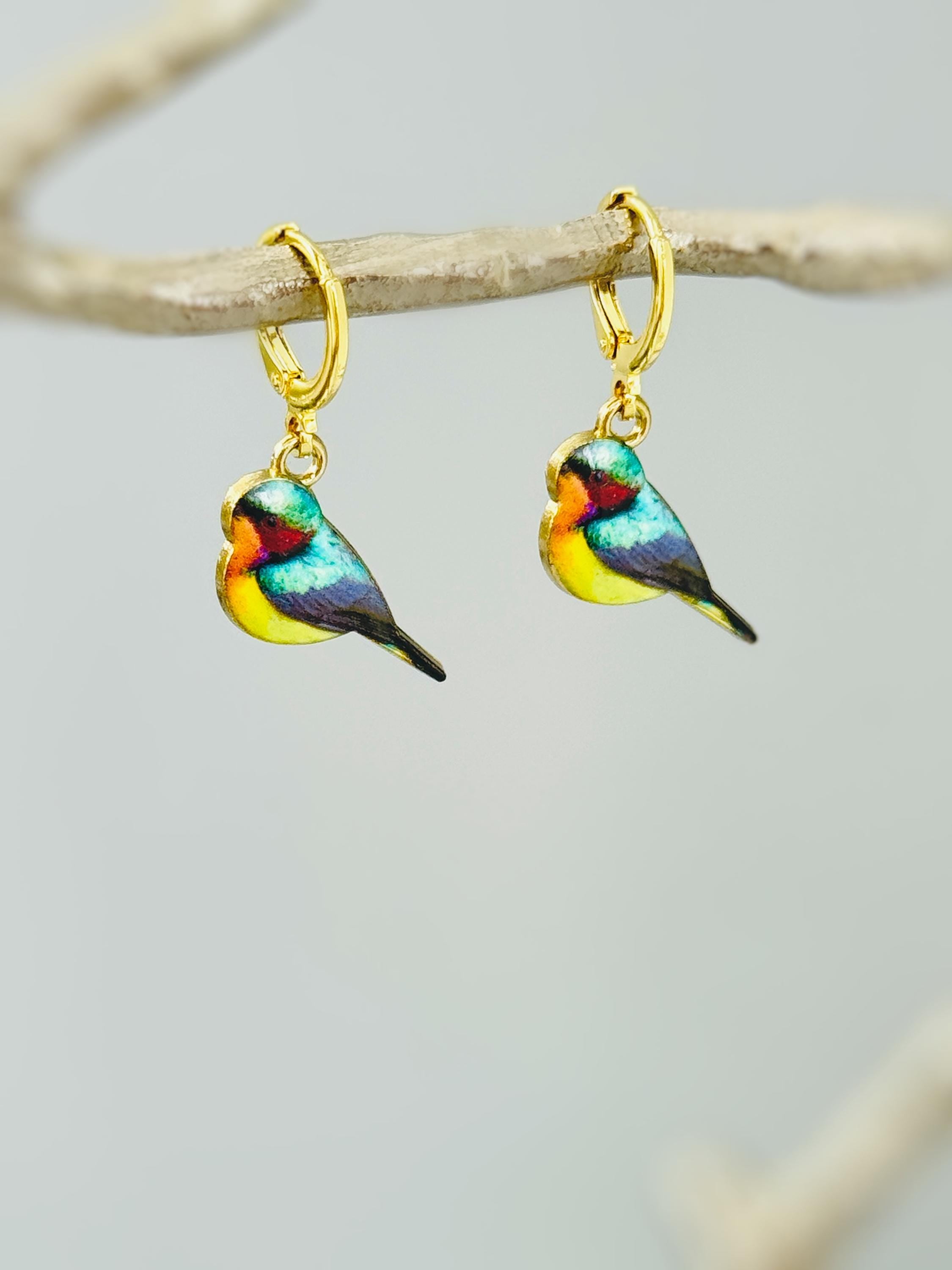Colorful Bird Earrings Gold Dangle Huggie Hoops tiny charm handmade spring nature jewelry gift for bird lover watcher, gardener, mom her