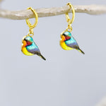 Colorful Bird Earrings Gold Dangle Huggie Hoops tiny charm handmade spring nature jewelry gift for bird lover watcher, gardener, mom her