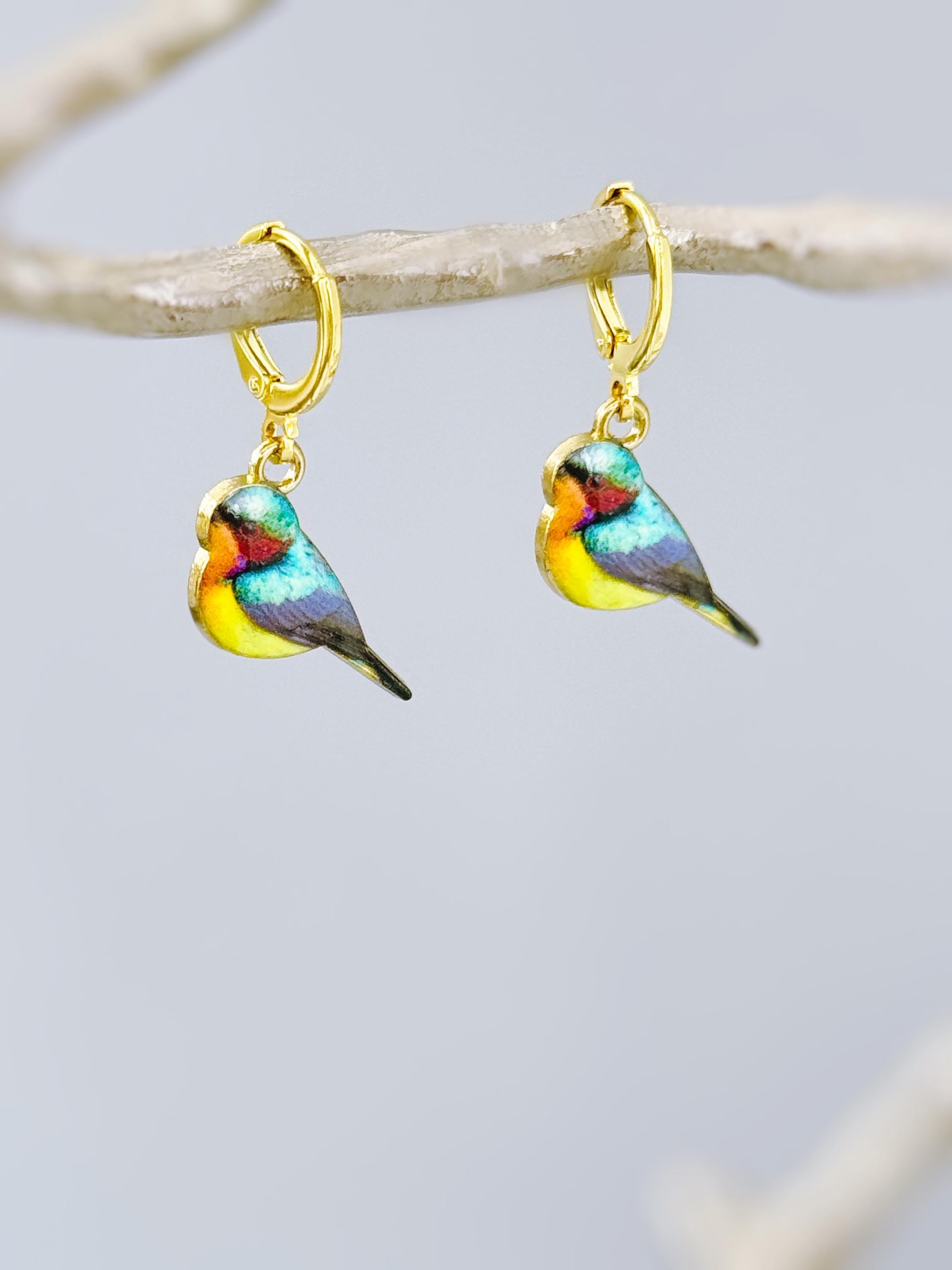 Colorful Bird Earrings Gold Dangle Huggie Hoops tiny charm handmade spring nature jewelry gift for bird lover watcher, gardener, mom her