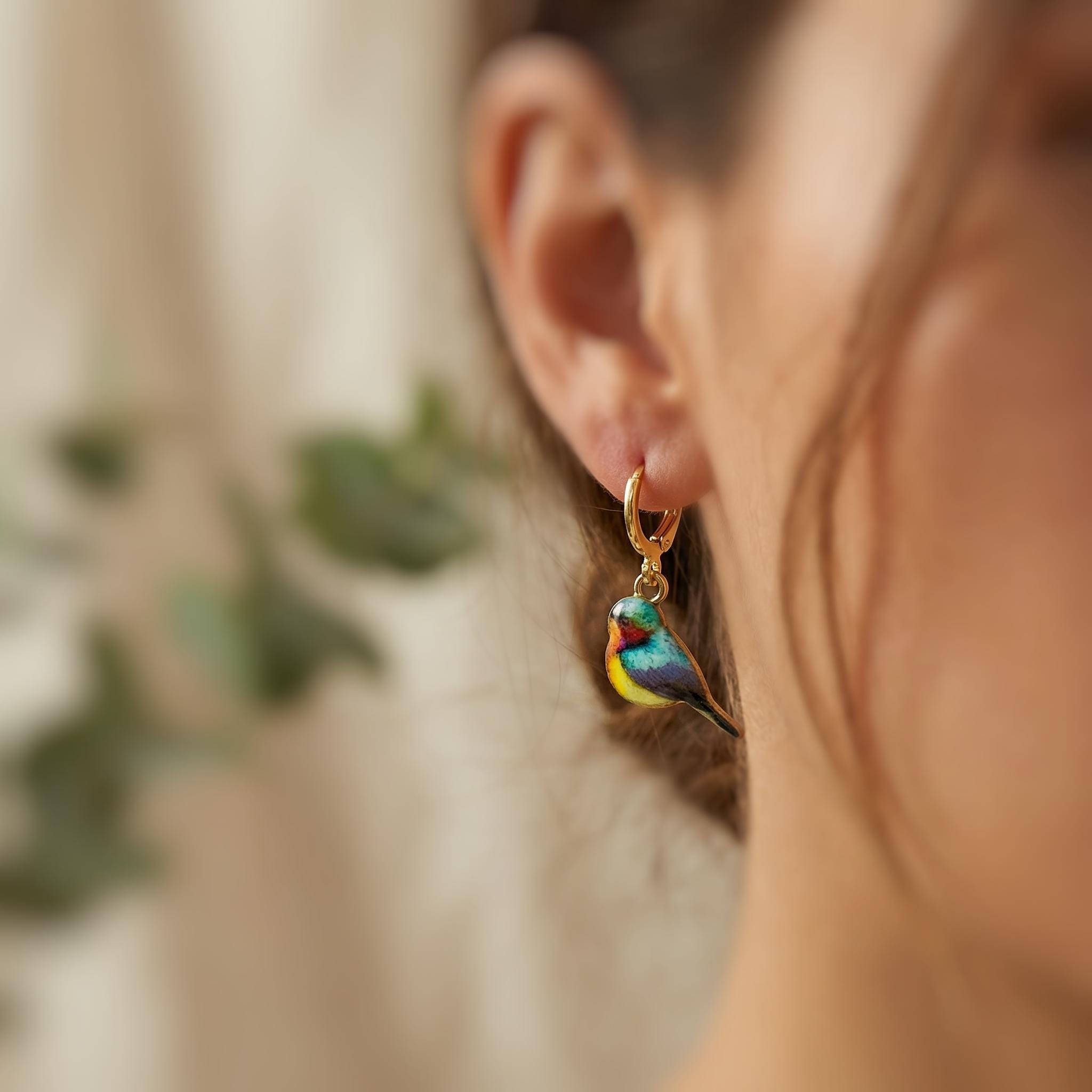 Colorful Bird Earrings Gold Dangle Huggie Hoops tiny charm handmade spring nature jewelry gift for bird lover watcher, gardener, mom her