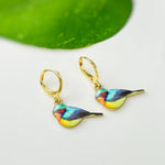 Colorful Bird Earrings Gold Dangle Huggie Hoops tiny charm handmade spring nature jewelry gift for bird lover watcher, gardener, mom her