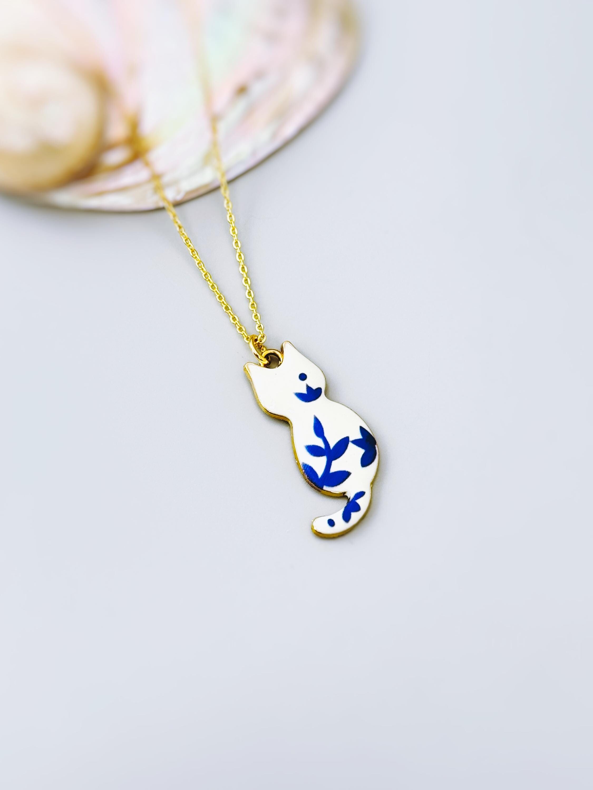 Cat Necklace Gold Cute Cat Jewelry pendant for women, Blue Porcelain Chinoiserie style Cat Lover Gift for moms, veterinarians, vet techs