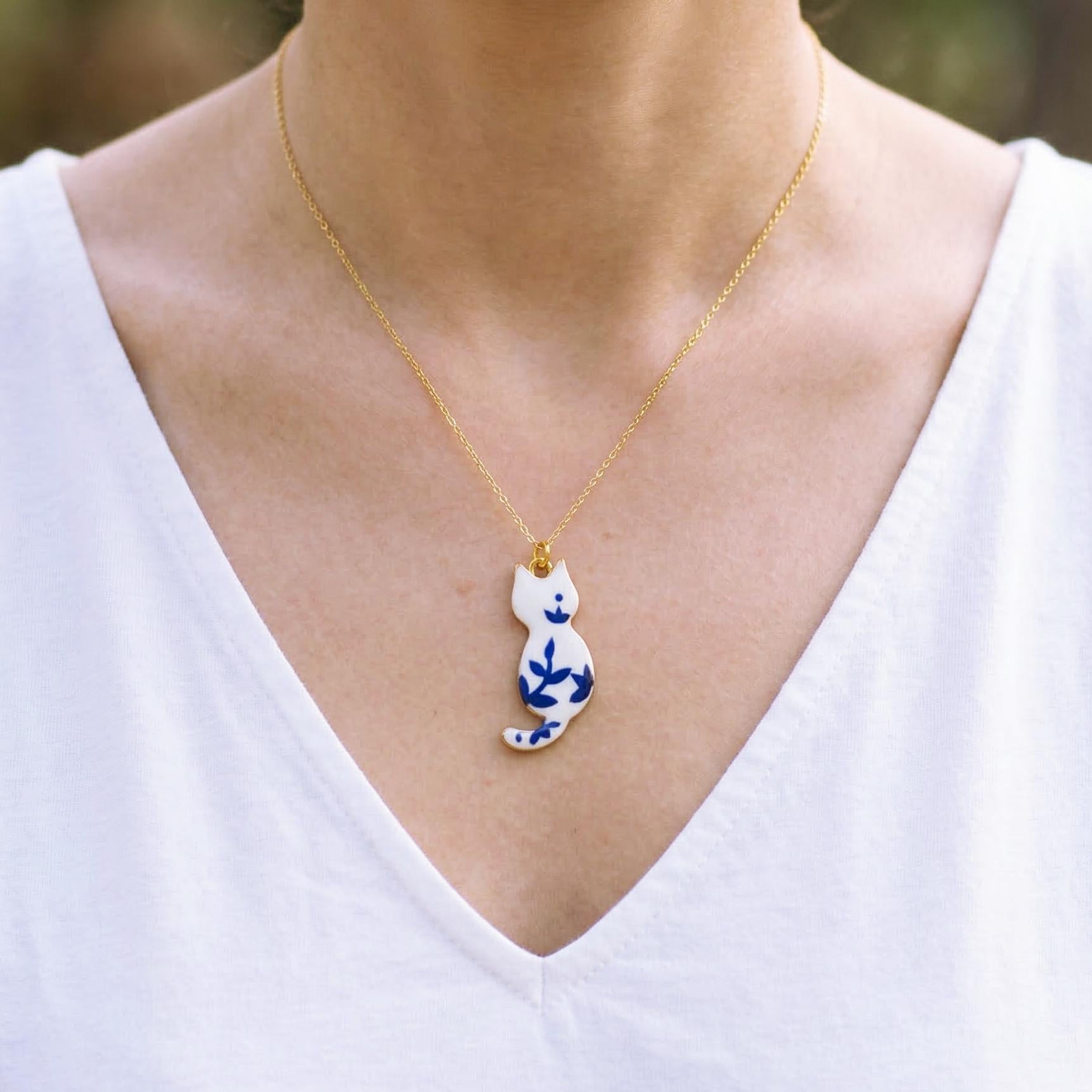 Cat Necklace Gold Cute Cat Jewelry pendant for women, Blue Porcelain Chinoiserie style Cat Lover Gift for moms, veterinarians, vet techs