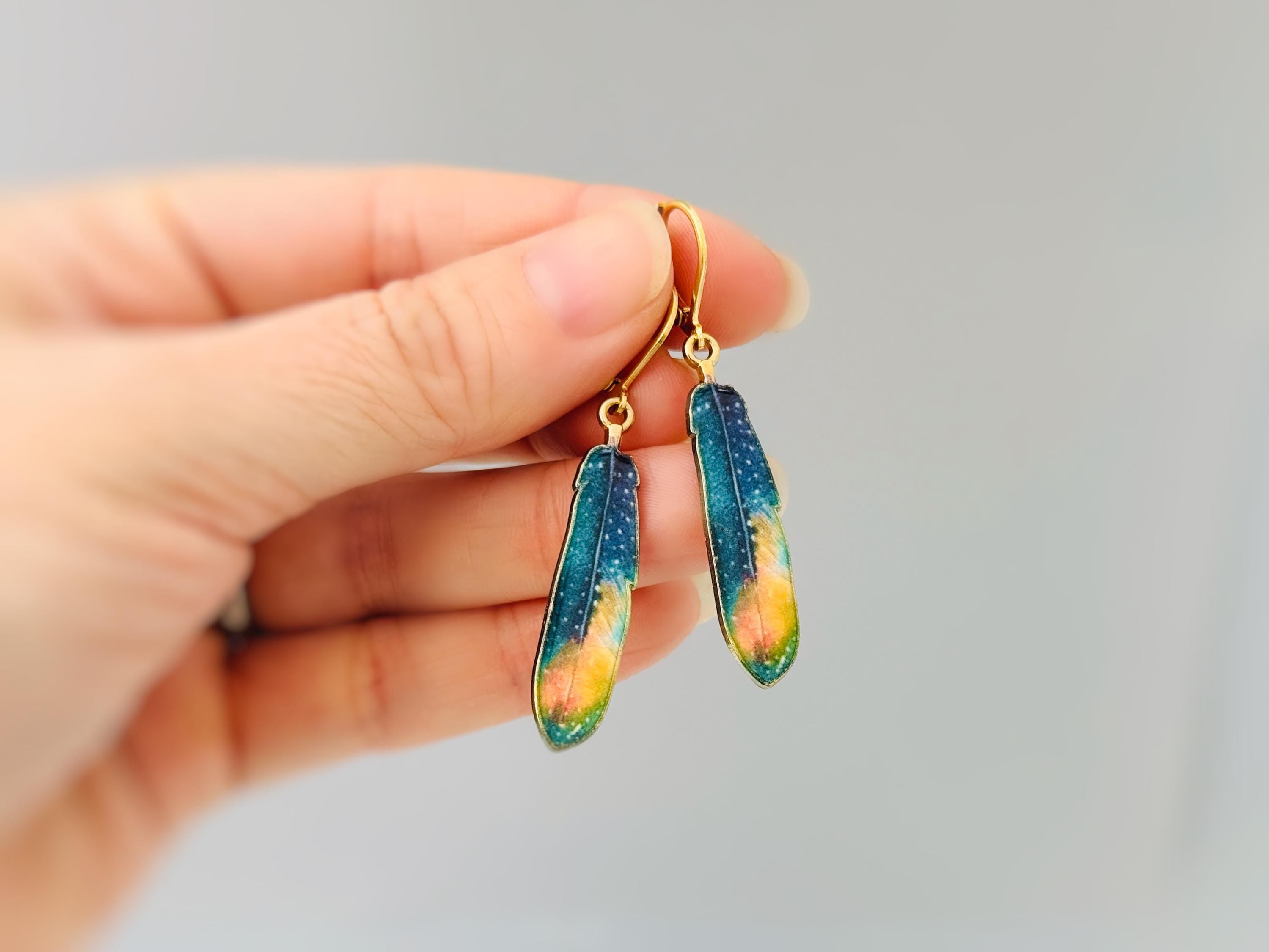 Colorful Feather Earrings dangle gold unique boho Bird Jewelry gift for moms, nature, bird lovers, bff, Handmade statement jewelry for women