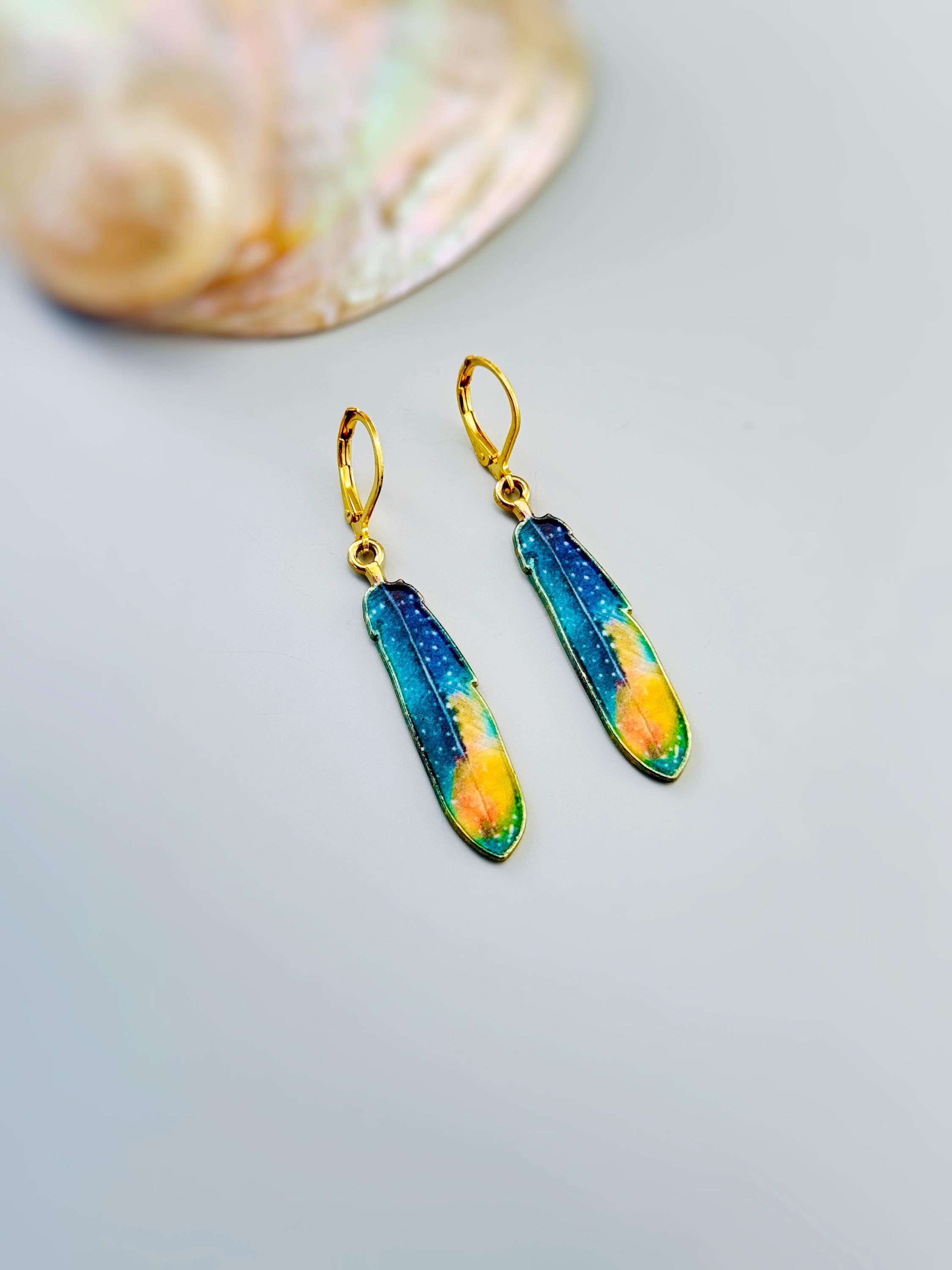 Colorful Feather Earrings dangle gold unique boho Bird Jewelry gift for moms, nature, bird lovers, bff, Handmade statement jewelry for women