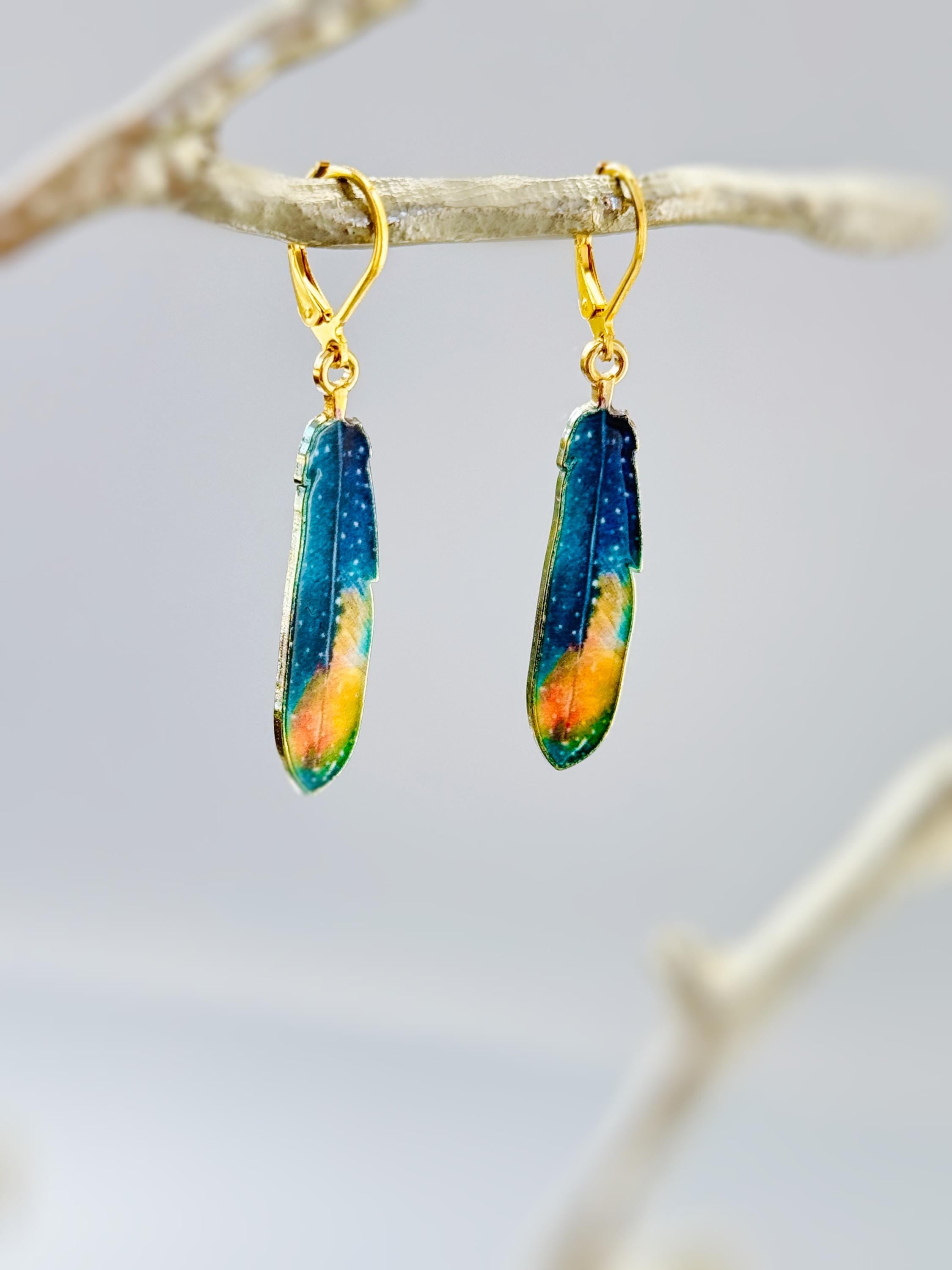 Colorful Feather Necklace gold unique boho Bird Jewelry gift for moms, nature, bird lovers, bff, Handmade minimalist jewelry for women, bff