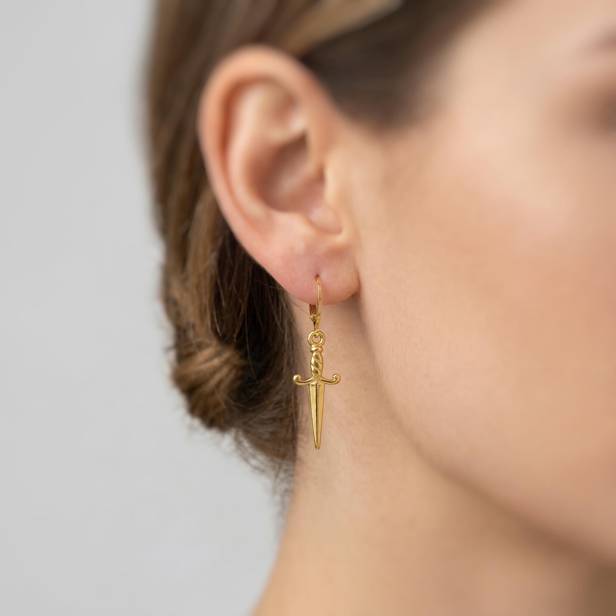 Silver Dagger Sword Hoop Earrings dangle