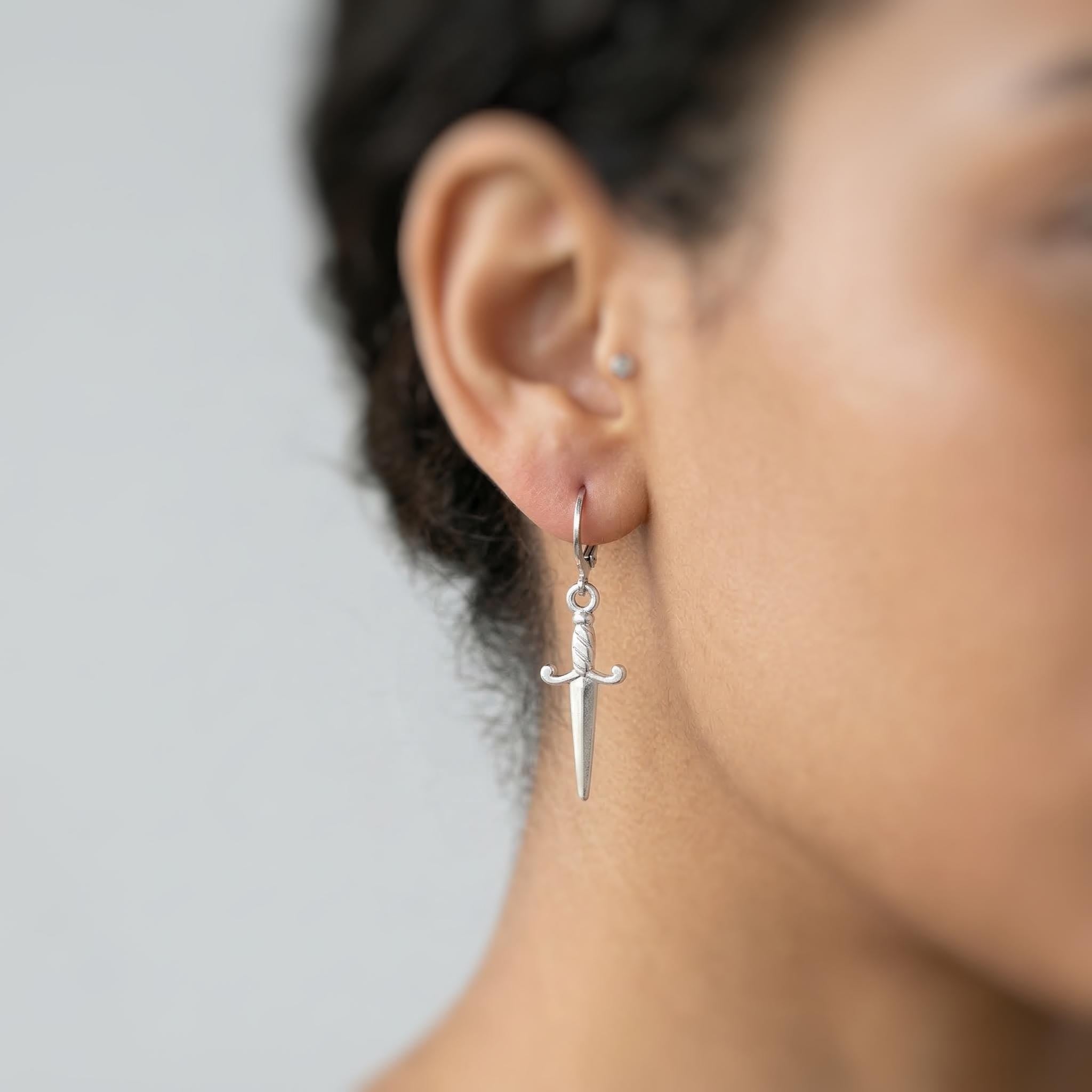Silver Sword Earrings dangle handmade medieval mythical fantasy dagger punk jewelry renaissance faire Celtic gothic hoop earrings for women