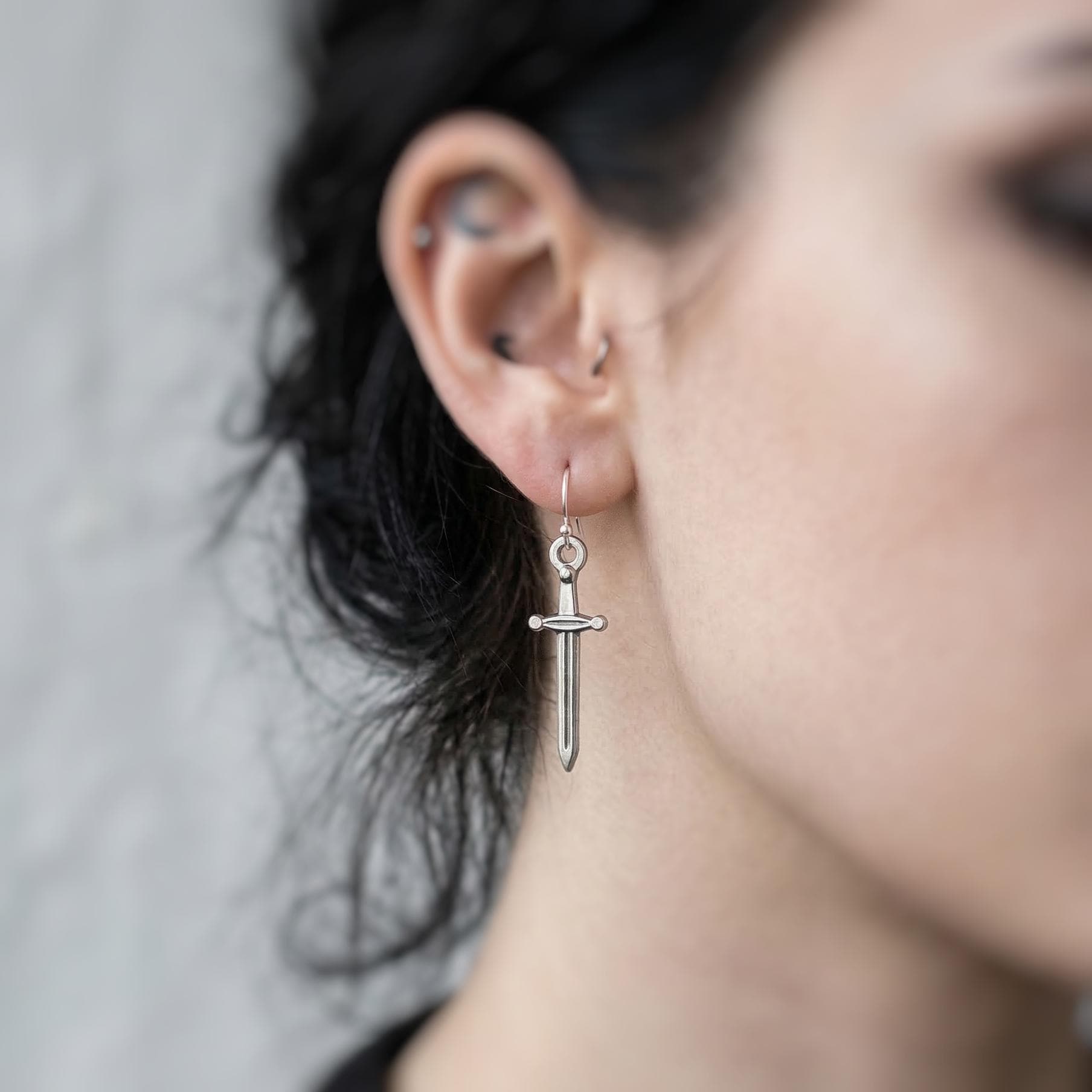 Sword Earrings dangle silver handmade medieval mythical dagger punk jewelry renaissance faire Celtic gothic earrings stainless steel grunge