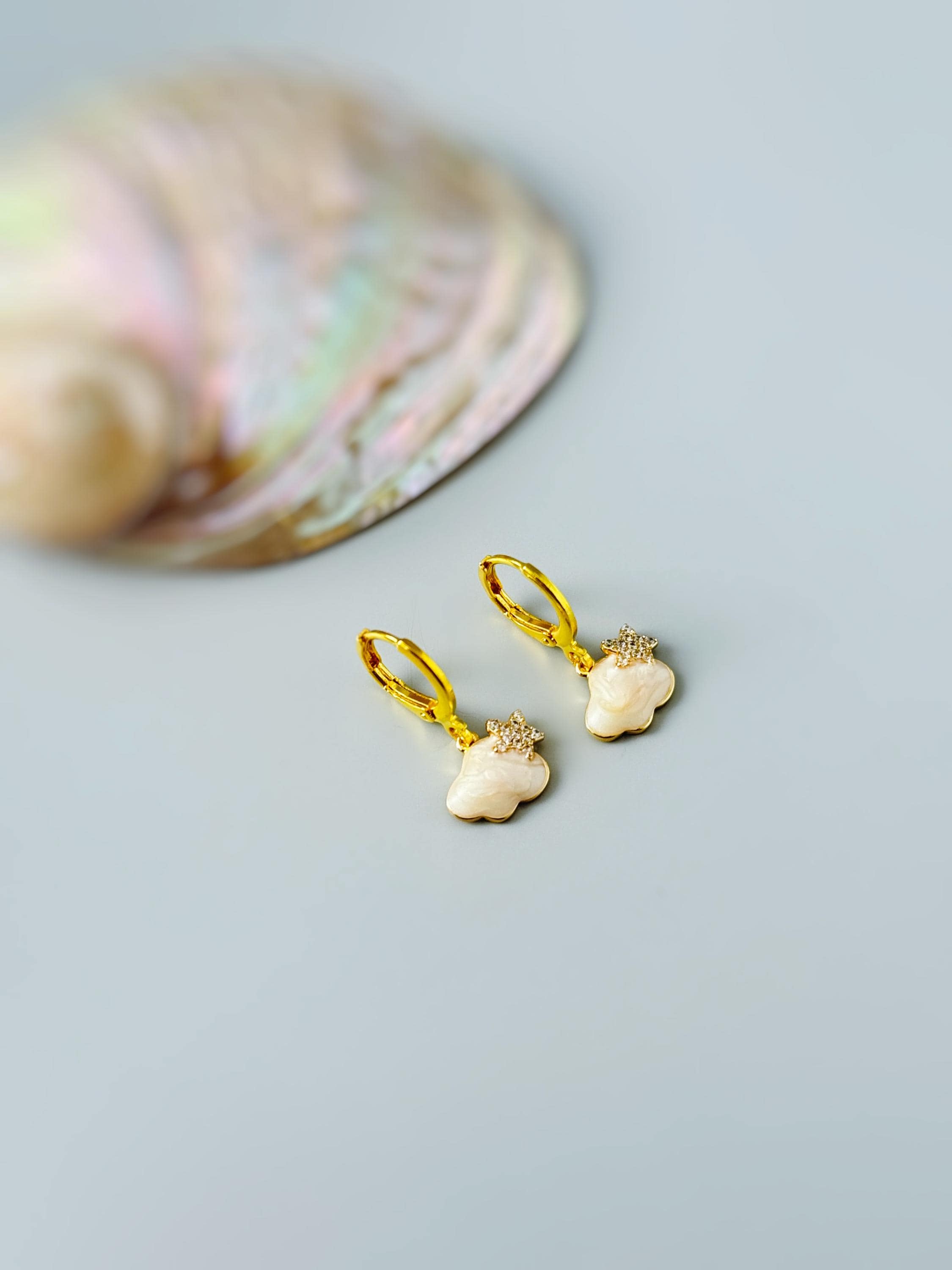 Dainty Cloud Earrings dangle Gold Huggie Hoops handmade elegant jewelry unique celestial earrings gift for nature lovers, sister, friend mom