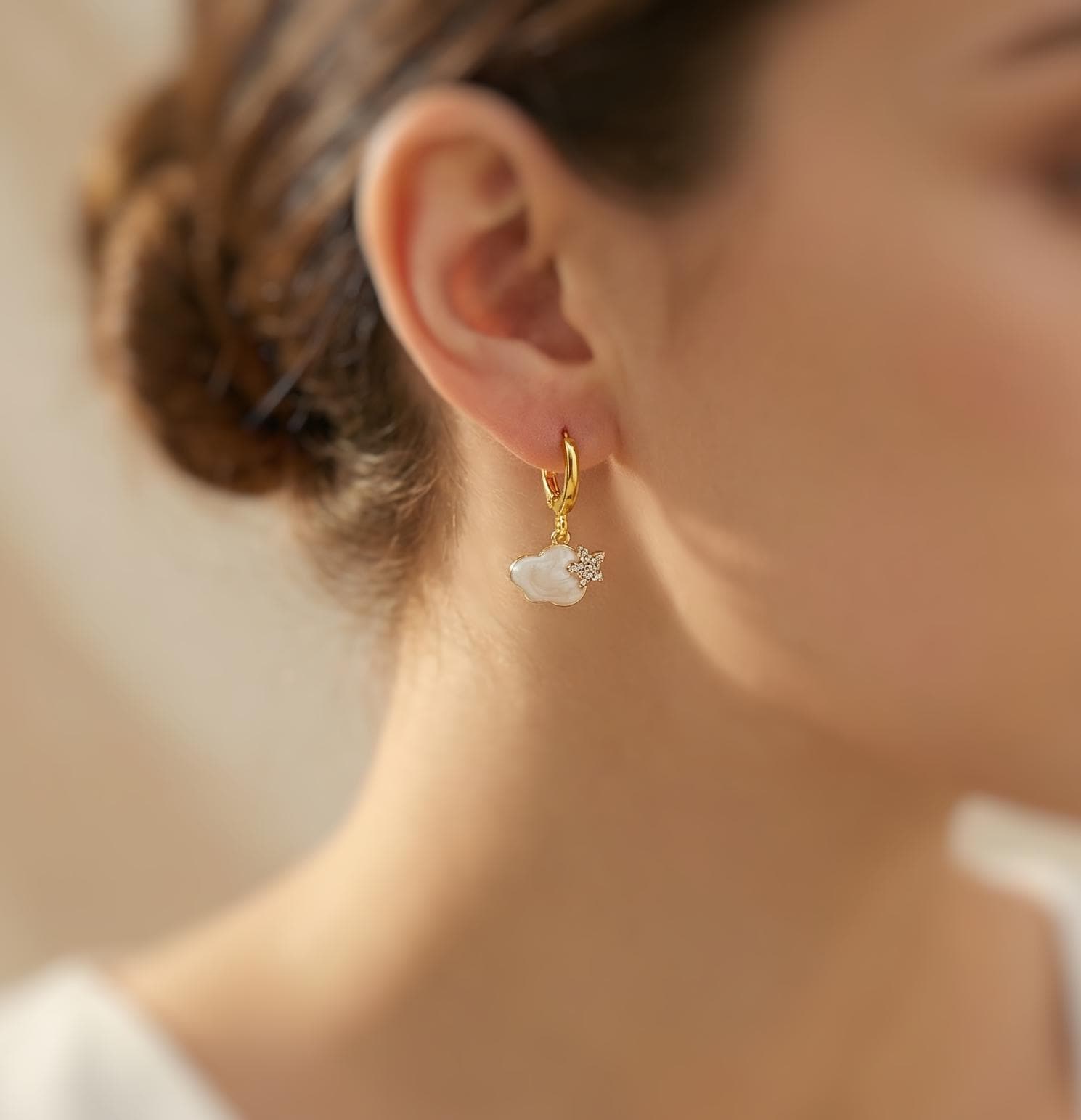 Dainty Cloud Earrings dangle Gold Huggie Hoops handmade elegant jewelry unique celestial earrings gift for nature lovers, sister, friend mom