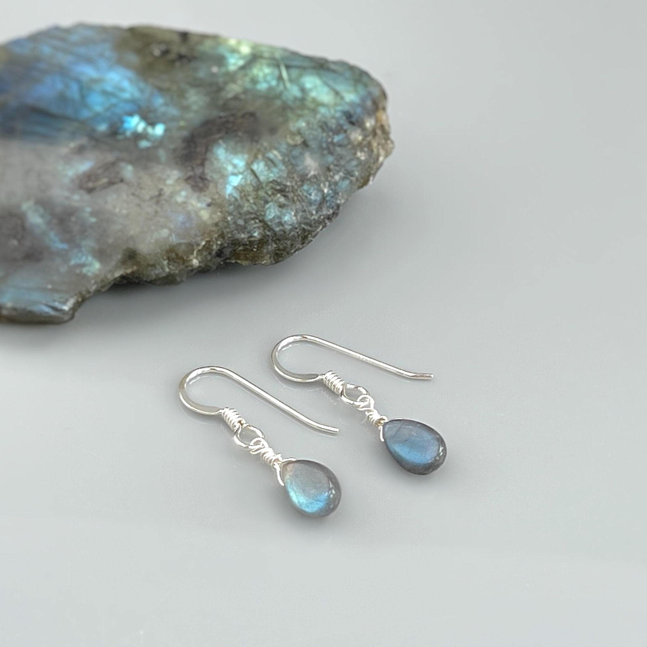 Dainty Labradorite earrings Sterling Silver, 14k Gold fill Tiny tear drop dangle earrings Dangly Handmade crystal Jewelry rose gold Ear Wire