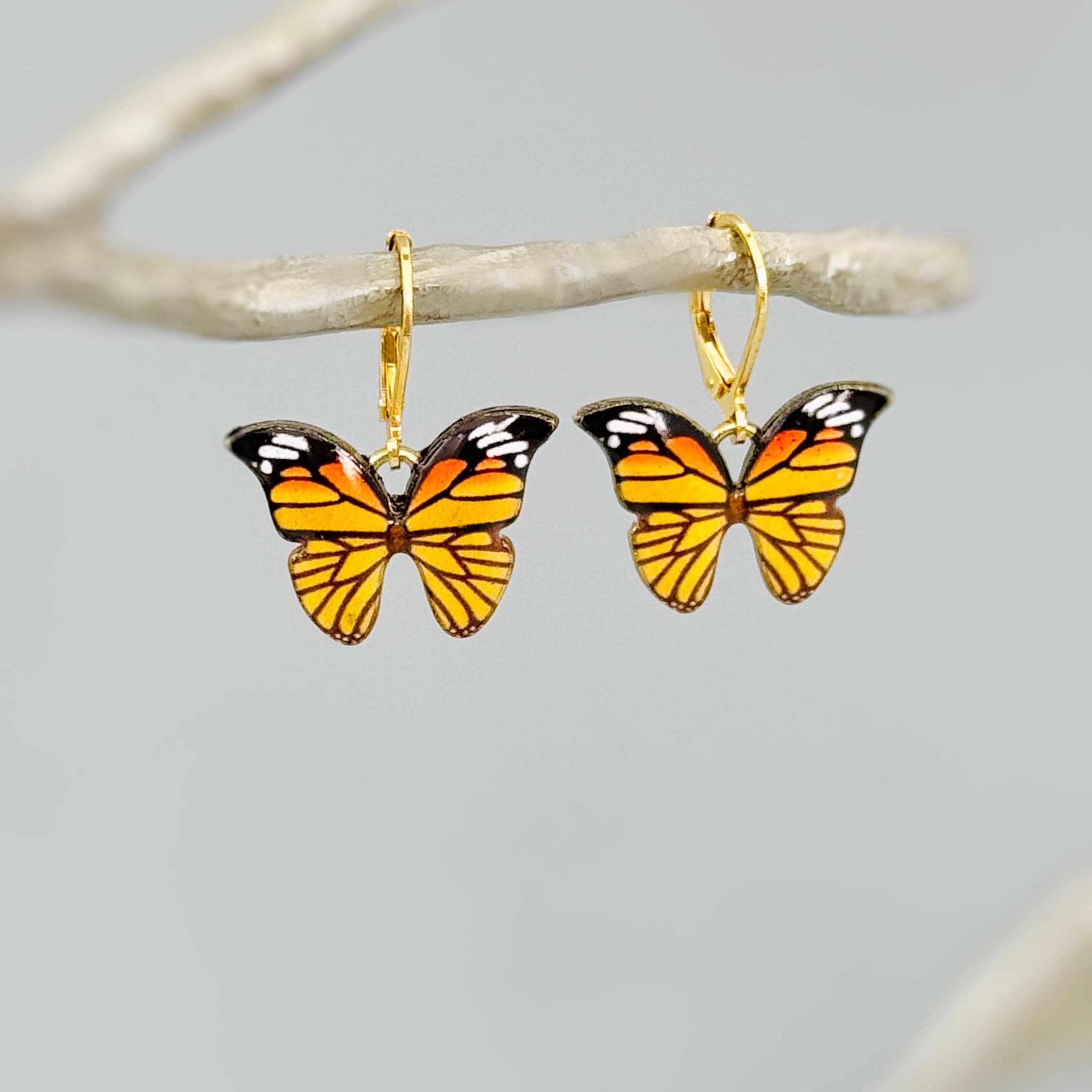Monarch Butterfly Earrings Dangle Gold Handmade Colorful Spring Summer Jewelry gifts for gardener, mothers day, insect, nature lover, mom