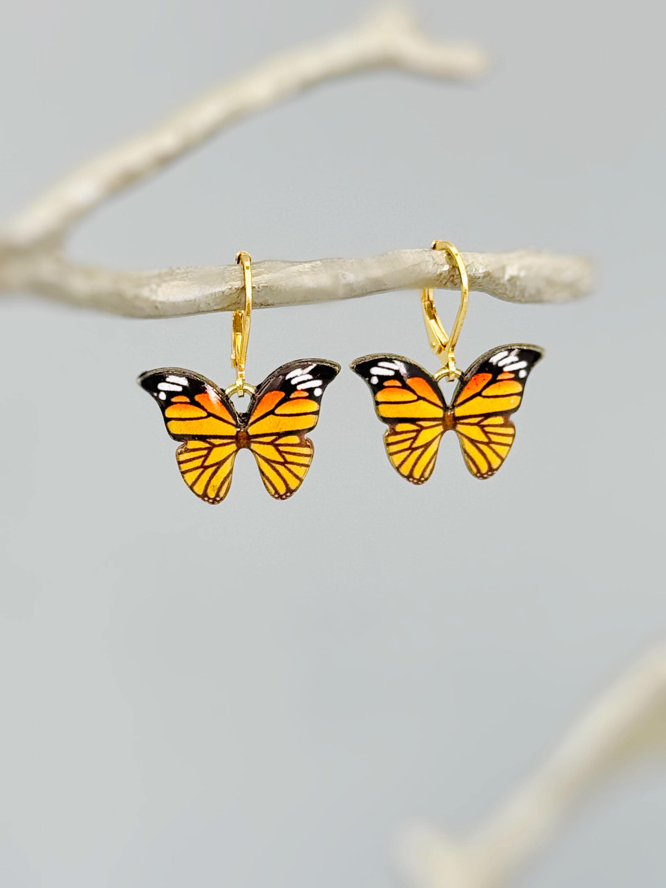 Monarch Butterfly Earrings Dangle Gold Handmade Colorful Spring Summer Jewelry gifts for gardener, mothers day, insect, nature lover, mom