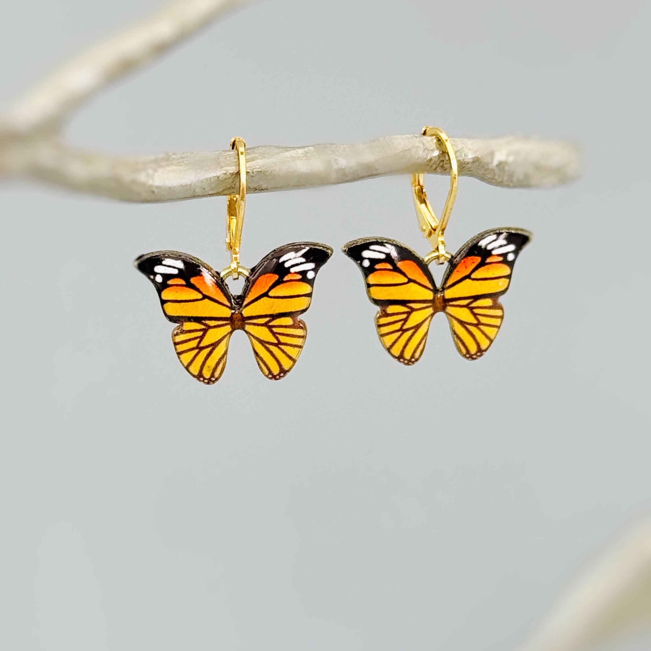 Monarch Butterfly Earrings Dangle Gold Handmade Colorful Spring Summer Jewelry gifts for gardener, mothers day, insect, nature lover, mom