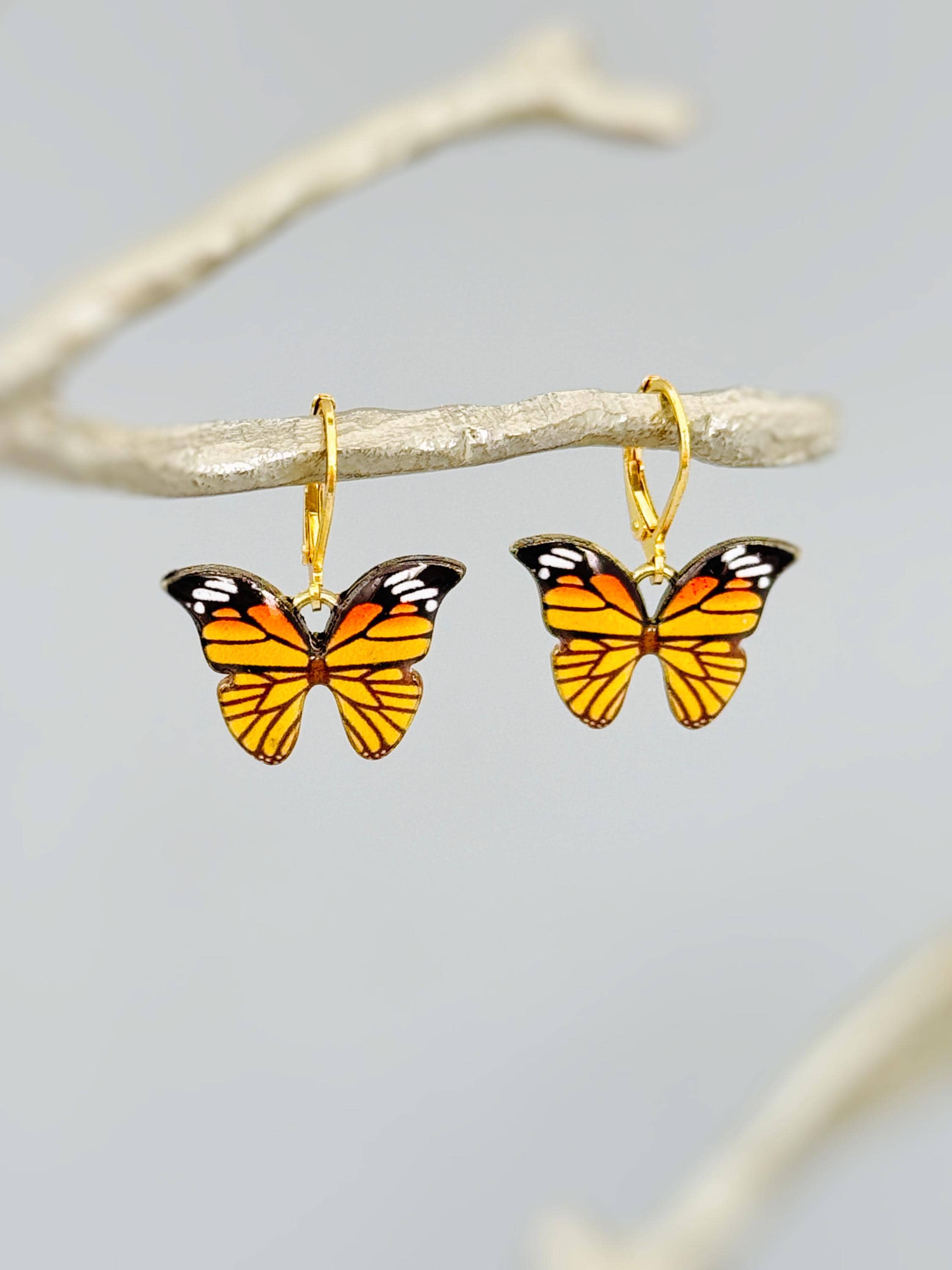 Monarch Butterfly Earrings Dangle Gold Handmade Colorful Spring Summer Jewelry gifts for gardener, mothers day, insect, nature lover, mom